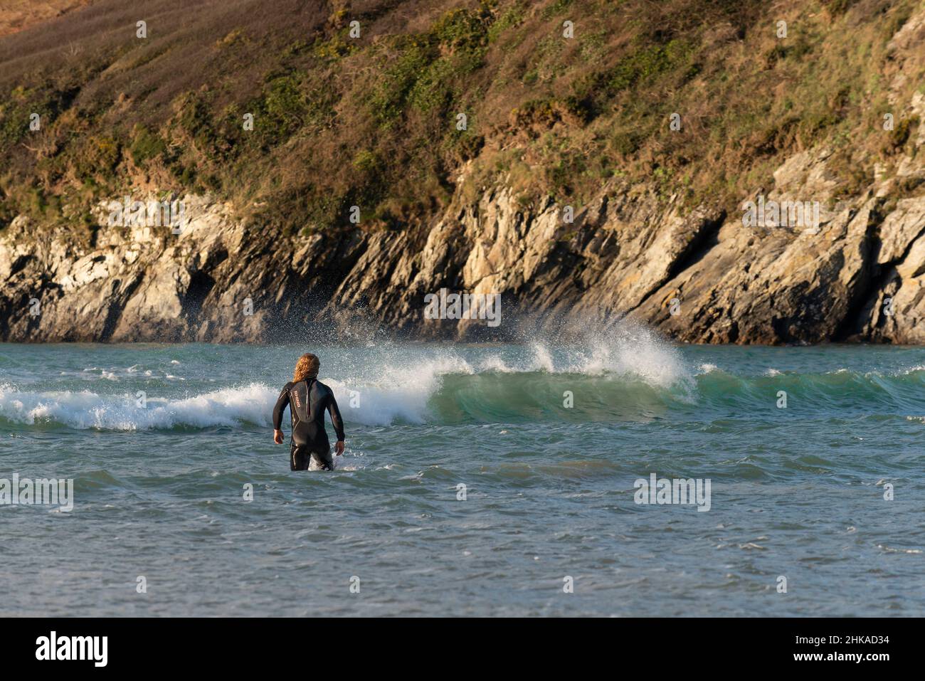 Ein Mann in einem Nassanzug, der am Crantock Beach in Newquay in Cornwall ins Meer geht. Stockfoto