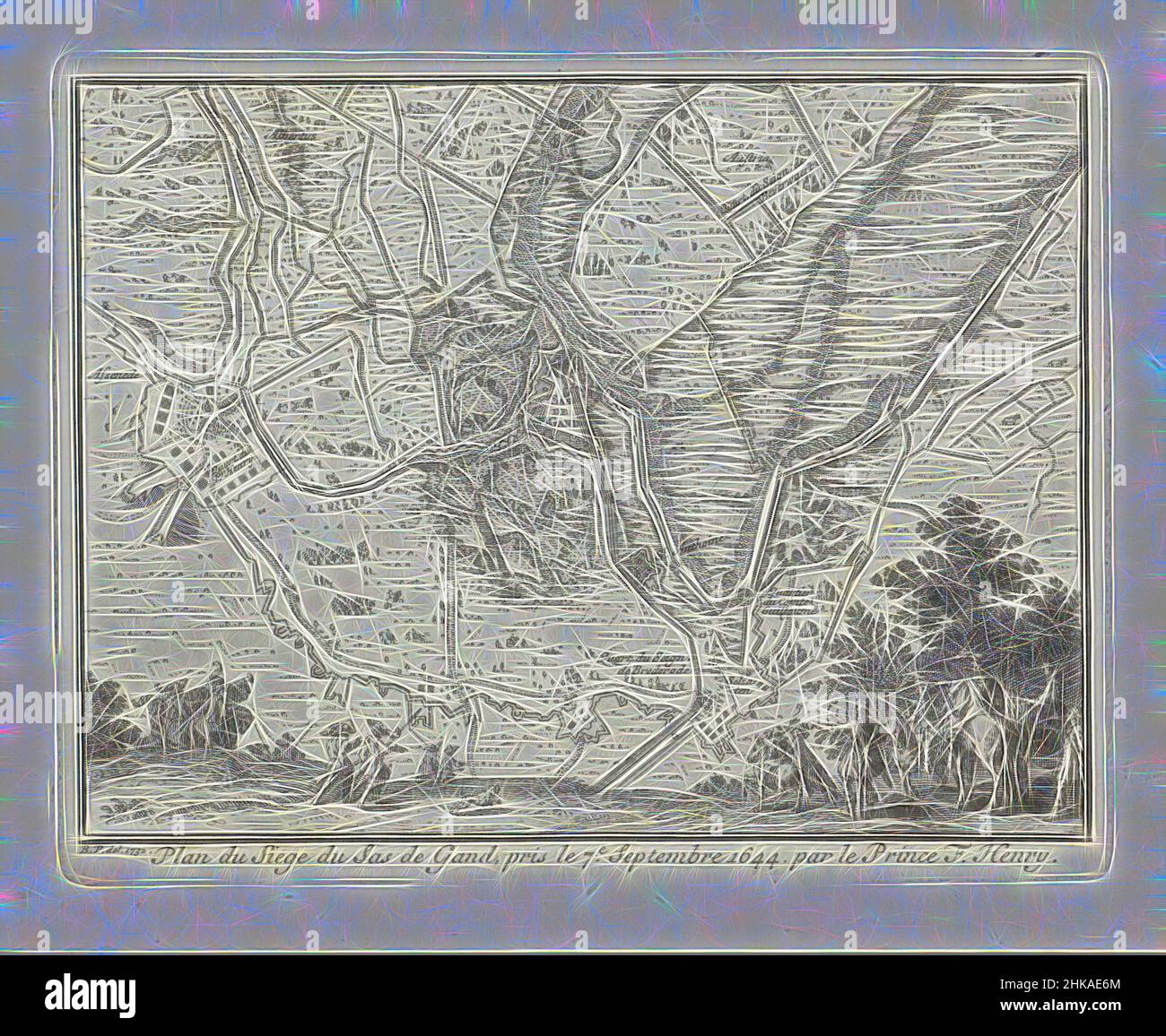 Inspiriert von der Karte der Belagerungszone von SAS van Gent von Frederick Henry, 1629, Plan du Siege du SAS de Gand, pris le 7e. Septembre 1644. Par le Prince F. Henry, Karte von SAS-van Gent während der Einkesselung und Belagerung durch die Staatsarmee unter Frederick Henry, 30. Juli bis 5. September 1644. Diese Platte zusammen mit, Reimagined von Artotop. Klassische Kunst neu erfunden mit einem modernen Twist. Design von warmen fröhlichen Leuchten der Helligkeit und Lichtstrahl Strahlkraft. Fotografie inspiriert von Surrealismus und Futurismus, umarmt dynamische Energie der modernen Technologie, Bewegung, Geschwindigkeit und Kultur zu revolutionieren Stockfoto