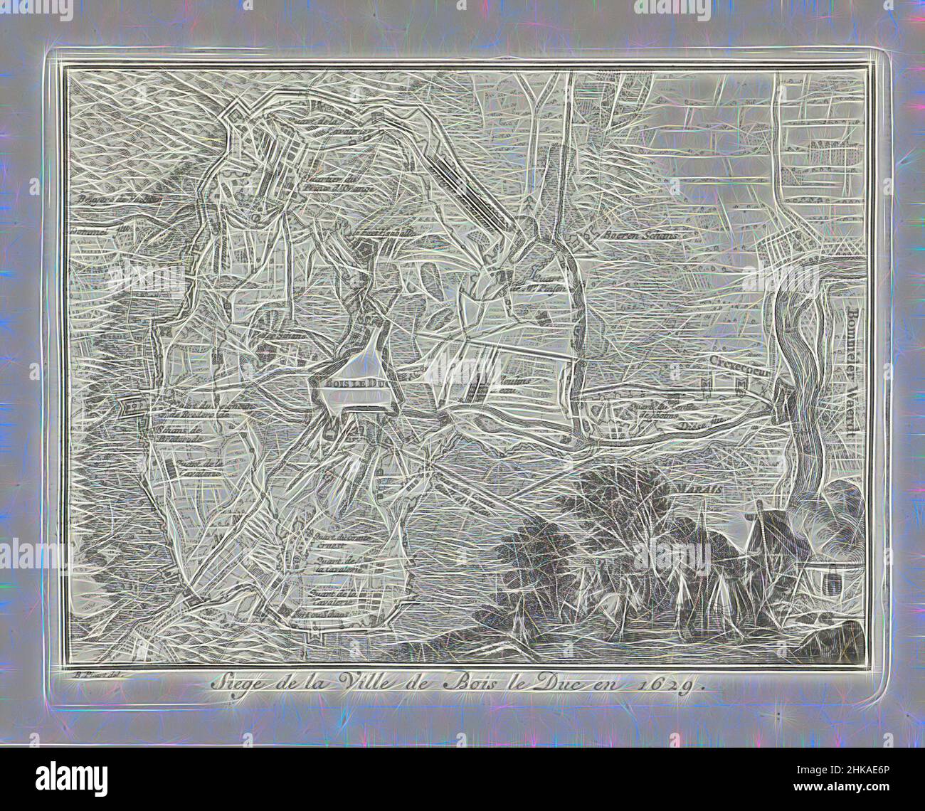 Inspiriert von der Karte der Belagerung von Den Bosch von Frederick Henry, 1629, Siege de la Ville de Bois le Duc en 1629, Karte von Den Bosch und Umgebung während der Einkreisung und Belagerung durch die Staatsarmee unter Friedrich Henry, vom 1. Mai bis 17. September 1629. Rechts im Vordergrund eine Szene von Daily, Reimagined by Artotop. Klassische Kunst neu erfunden mit einem modernen Twist. Design von warmen fröhlichen Leuchten der Helligkeit und Lichtstrahl Strahlkraft. Fotografie inspiriert von Surrealismus und Futurismus, umarmt dynamische Energie der modernen Technologie, Bewegung, Geschwindigkeit und Kultur zu revolutionieren Stockfoto