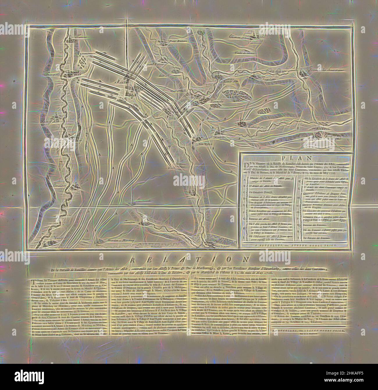 Inspiriert von der Schlacht von Ramillies, 1706, Plan De la Situation où la Bataille de Ramillies s'est donnée par l'Armée des Alliés, commandée par Son Altesse le Duc de Marlborough (...) &Amp; Son Excellence Monsr. d'Ouverkerke, contre celle des deux Couronnes (...) le 23. Du mois de May 1706, Battle of, Neueinbildung von Artotop. Klassische Kunst neu erfunden mit einem modernen Twist. Design von warmen fröhlichen Leuchten der Helligkeit und Lichtstrahl Strahlkraft. Fotografie inspiriert von Surrealismus und Futurismus, umarmt dynamische Energie der modernen Technologie, Bewegung, Geschwindigkeit und Kultur zu revolutionieren Stockfoto