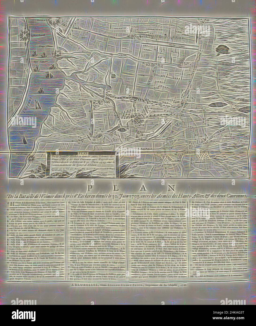 Inspiriert von der Schlacht von Ekeren, 1703, Plan De la Bataille d'Eeckeren entre l'Armée des Hauts-Alliés et des deux Couronnes entre Muysebrock, Wilmerdonck et Orderen le 30. Juin 1703. Sous le Commandement du General Obdam, Plan De la Bataille de Wilmerdonck près d'Eeckeren donnée le 30. Juin 1703. Entre, neu erfunden von Artotop. Klassische Kunst neu erfunden mit einem modernen Twist. Design von warmen fröhlichen Leuchten der Helligkeit und Lichtstrahl Strahlkraft. Fotografie inspiriert von Surrealismus und Futurismus, umarmt dynamische Energie der modernen Technologie, Bewegung, Geschwindigkeit und Kultur zu revolutionieren Stockfoto