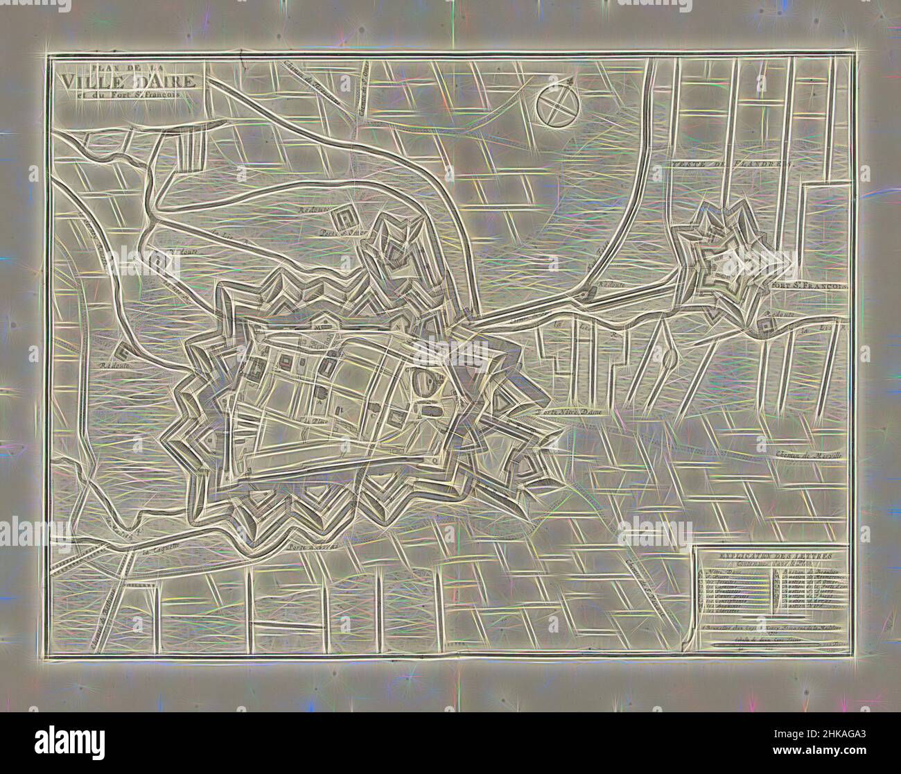 Inspiriert von der Karte von Aire, 1710, Plan de la ville d'Aire et du Fort St. François, Karte der Befestigungsanlagen rund um die Stadt Aire und Fort St. François, belagert und von den Alliierten im Jahr 1710 eingenommen. Unten rechts eine Kartusche mit der Legende A-S auf Französisch. Teil einer gebündelten Sammlung von Plänen von, Reimagined by Artotop. Klassische Kunst neu erfunden mit einem modernen Twist. Design von warmen fröhlichen Leuchten der Helligkeit und Lichtstrahl Strahlkraft. Fotografie inspiriert von Surrealismus und Futurismus, umarmt dynamische Energie der modernen Technologie, Bewegung, Geschwindigkeit und Kultur zu revolutionieren Stockfoto