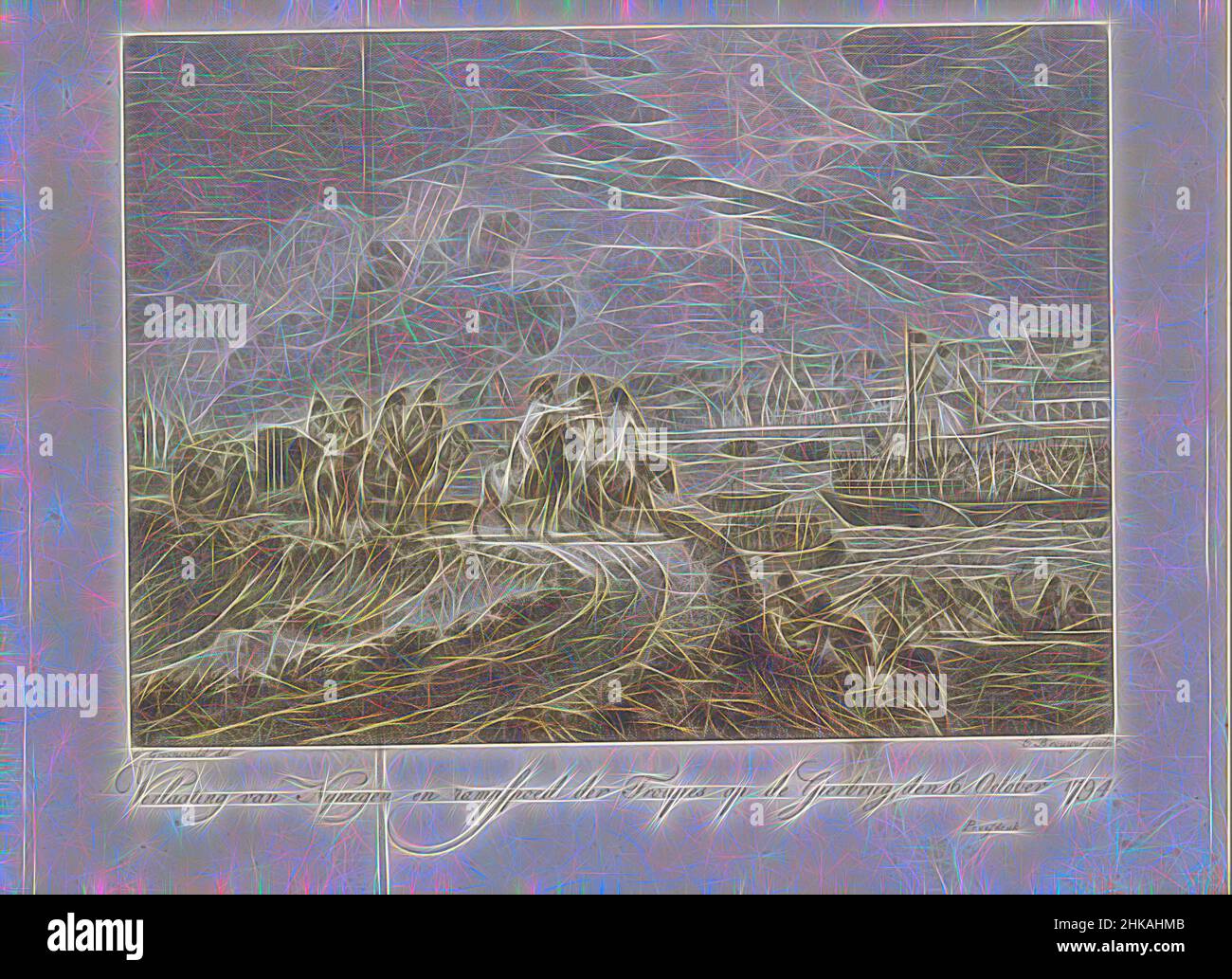Inspiriert durch den französischen Beschuss flüchtender Truppen auf der Gier-Brücke, 1794, Verlaating van Nymegen en rampspoed der troupes op de Gierbrug, den 16. Oktober 1794, Französische Truppen beschuss flüchtende holländische und britische Truppen, die versuchen, die andere Seite über die Schiffsbrücke Gierbrug über den Waal nahe, von Artotop neu erfunden, zu erreichen. Klassische Kunst neu erfunden mit einem modernen Twist. Design von warmen fröhlichen Leuchten der Helligkeit und Lichtstrahl Strahlkraft. Fotografie inspiriert von Surrealismus und Futurismus, umarmt dynamische Energie der modernen Technologie, Bewegung, Geschwindigkeit und Kultur zu revolutionieren Stockfoto