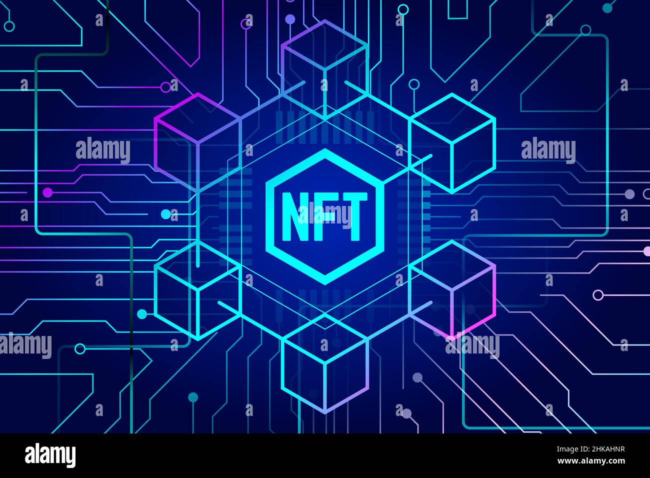 NFT nicht fungible Token auf blauem Hintergrund 2 Stock Vektor