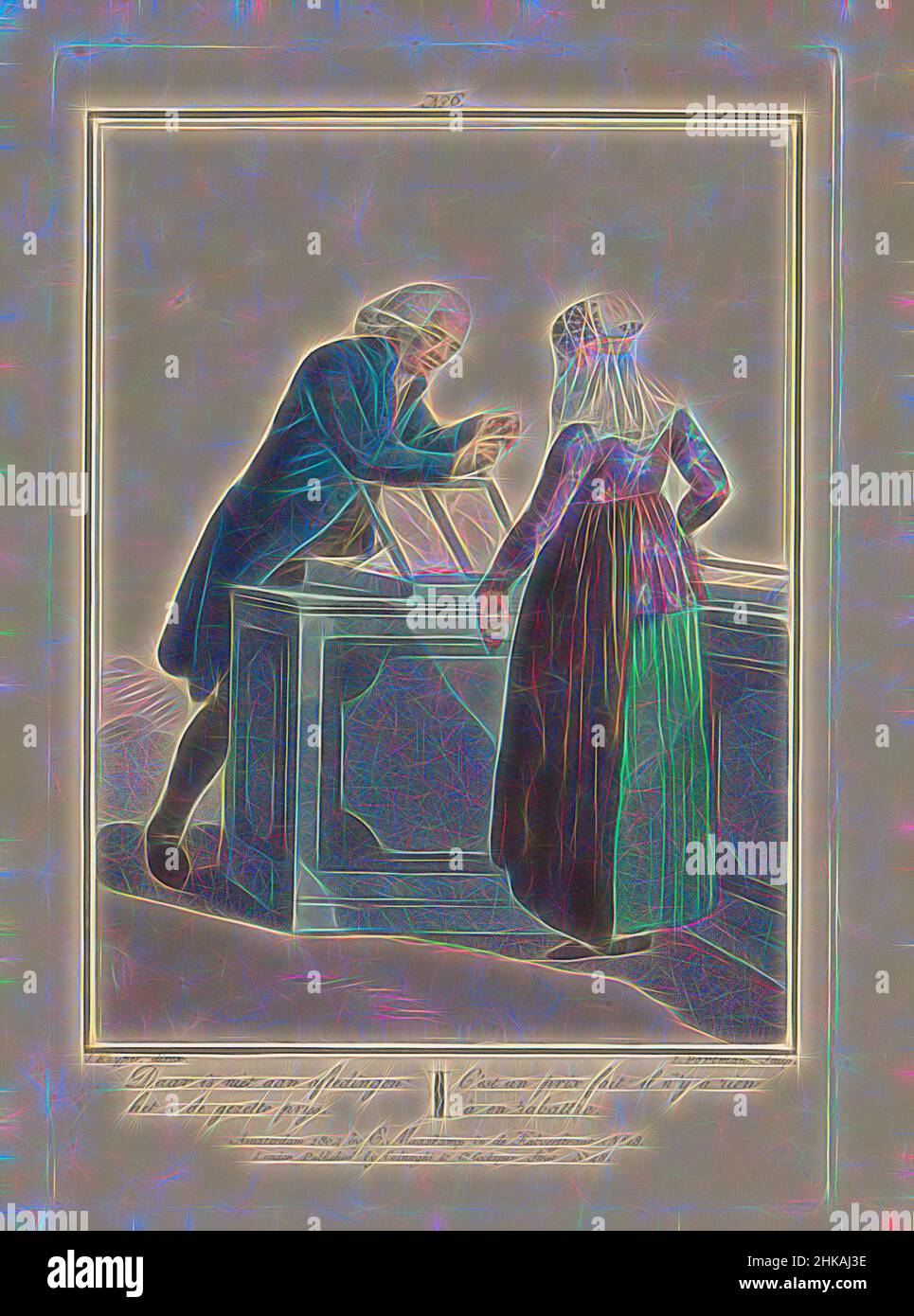 Inspiriert von Ladenbesitzer der Evangelischen Broedergemeente mit einem Kunden, Es gibt keinen Abzug: Es ist das Set prys, C'est un prix fait: il n'y a rien à en rabattre, Ein Ladenbesitzer (mit Perücke) der Evangelischen Broedergemeente zeigt einem Kunden, einer jungen Frau aus Alkmaar, von Artotop neu erfunden, einen Nadelkoffer. Klassische Kunst neu erfunden mit einem modernen Twist. Design von warmen fröhlichen Leuchten der Helligkeit und Lichtstrahl Strahlkraft. Fotografie inspiriert von Surrealismus und Futurismus, umarmt dynamische Energie der modernen Technologie, Bewegung, Geschwindigkeit und Kultur zu revolutionieren Stockfoto