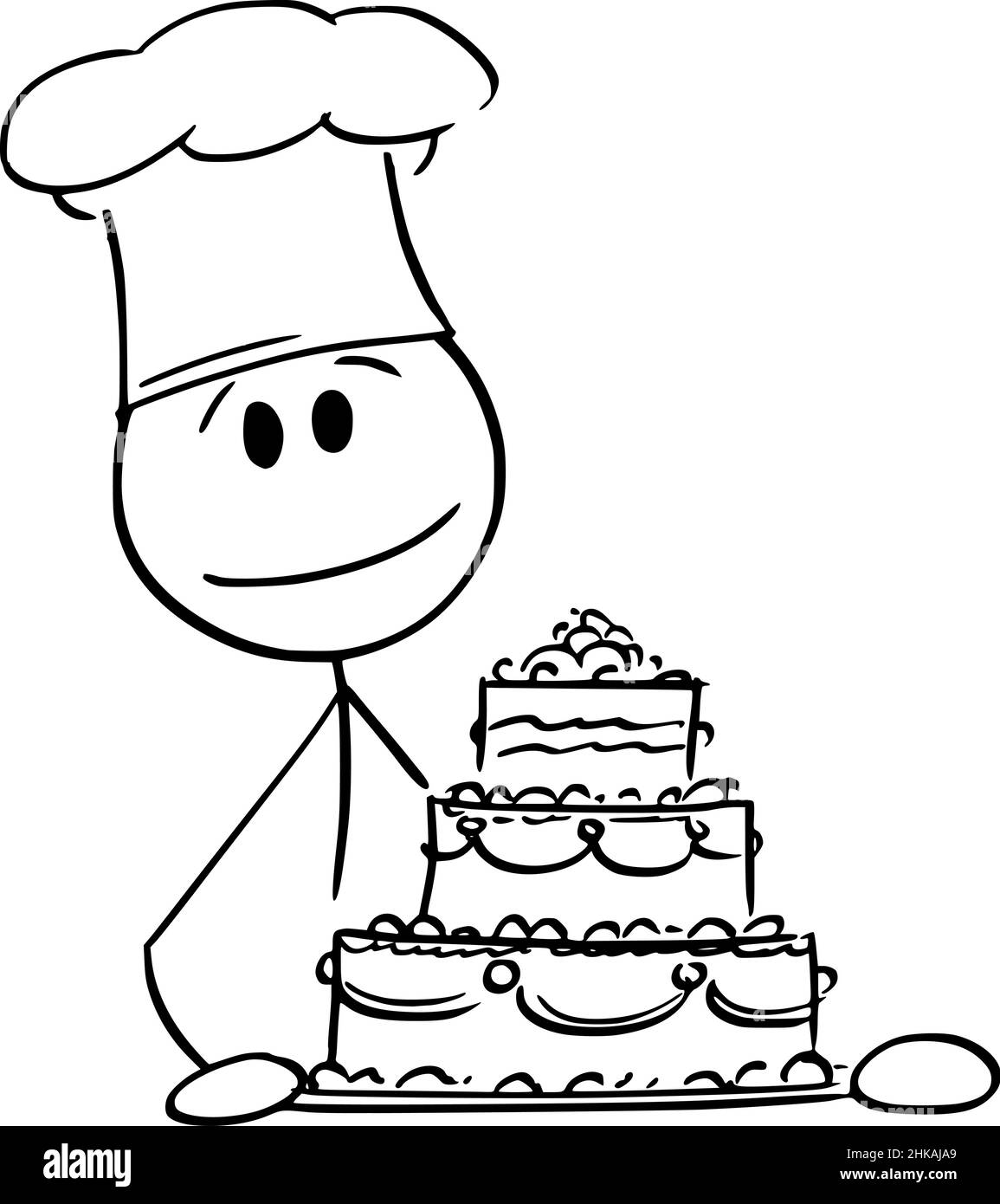 Cook Holding Geburtstag oder Hochzeitstorte, Vektor Cartoon Stick Abbildung Stock Vektor