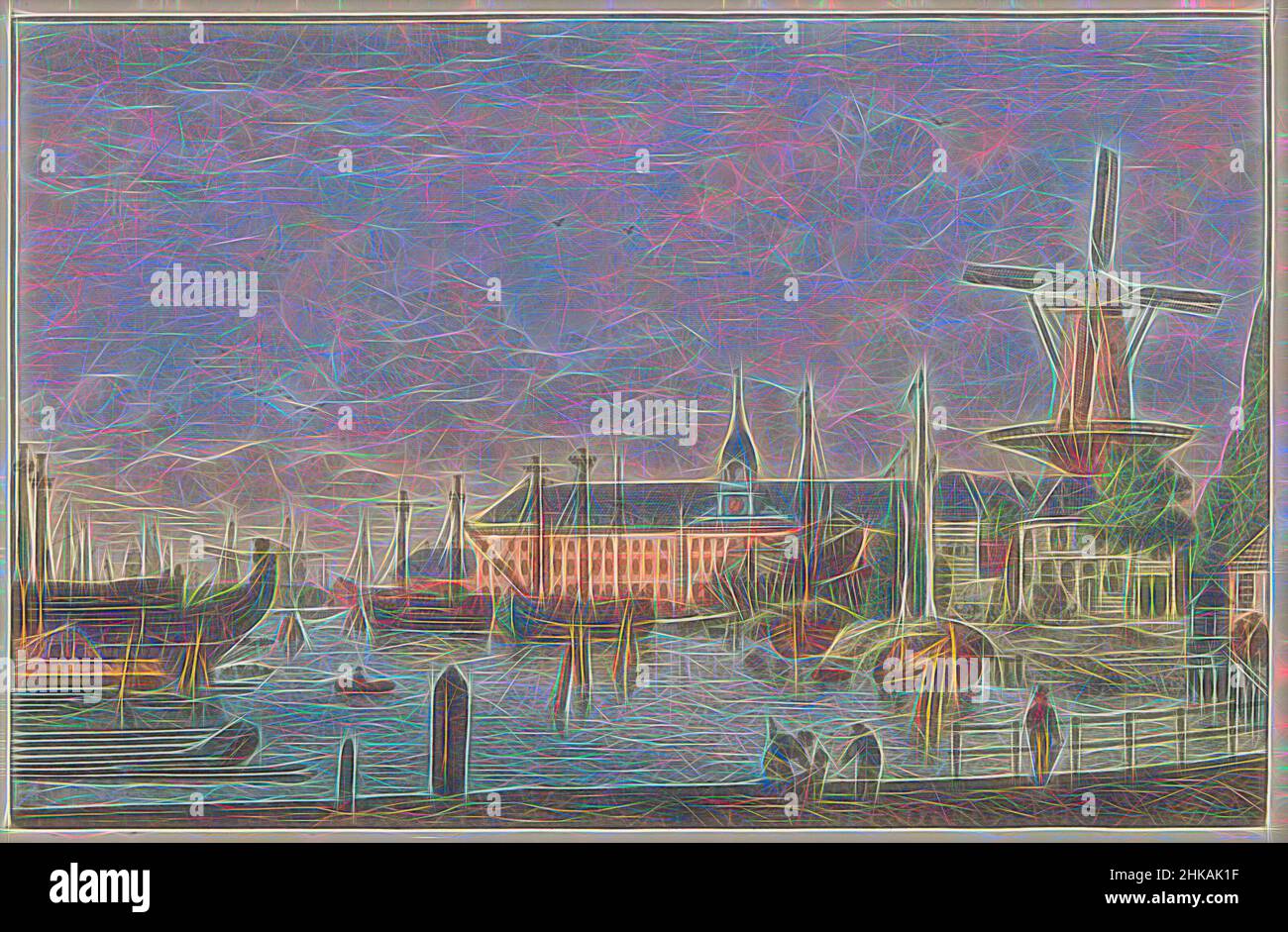 Inspiriert von Admiralty Warehouse Rotterdam, ca. 1790, Admiralties-Magazyn te Rotterdam, Les Magasins de L'admirauté à Rotterdam, Blick auf das Admiralty Warehouse in 's Lands Werf in Rotterdam, ca. 1790. Teil einer Plattenarbeit von c. 1824-1825 mit 74 (nicht nummerierten) Platten der wichtigsten, von Artotop neu interpretierte. Klassische Kunst neu erfunden mit einem modernen Twist. Design von warmen fröhlichen Leuchten der Helligkeit und Lichtstrahl Strahlkraft. Fotografie inspiriert von Surrealismus und Futurismus, umarmt dynamische Energie der modernen Technologie, Bewegung, Geschwindigkeit und Kultur zu revolutionieren Stockfoto