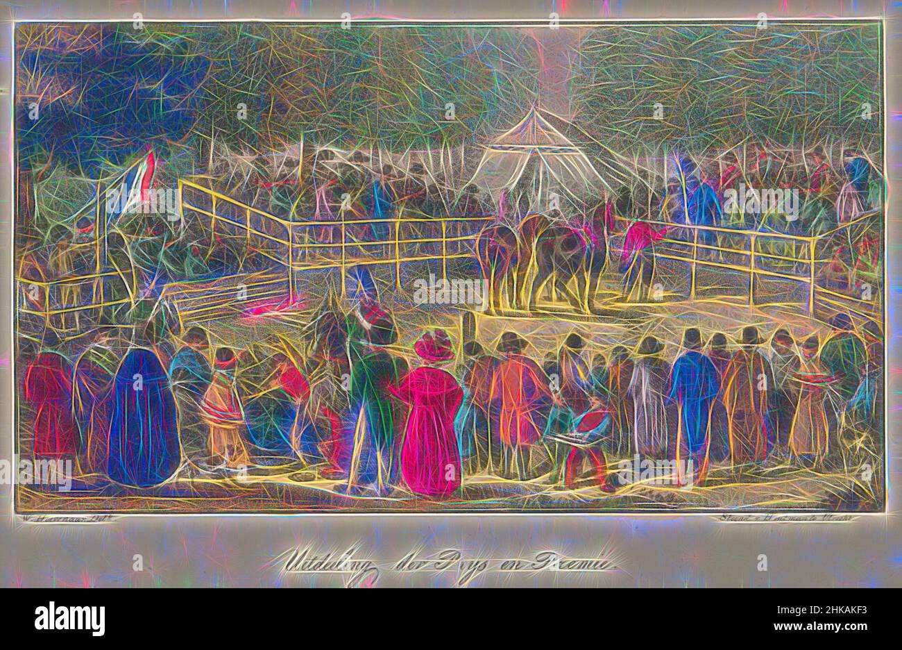 Inspiriert von der Preisverleihung, 1826-1829, Preis- und Prämienverteilung, Preisverleihung an die Gewinner des Rennens, 1826-1829. Zwei Männer mit Pferden in einem geschlossenen Bereich, um den sich die Menge versammelt hat. Illustration auf der Rückseite einer Publikation über die Pferderennen auf der Maliebaan in Utrecht, neu gestaltet von Artotop. Klassische Kunst neu erfunden mit einem modernen Twist. Design von warmen fröhlichen Leuchten der Helligkeit und Lichtstrahl Strahlkraft. Fotografie inspiriert von Surrealismus und Futurismus, umarmt dynamische Energie der modernen Technologie, Bewegung, Geschwindigkeit und Kultur zu revolutionieren Stockfoto