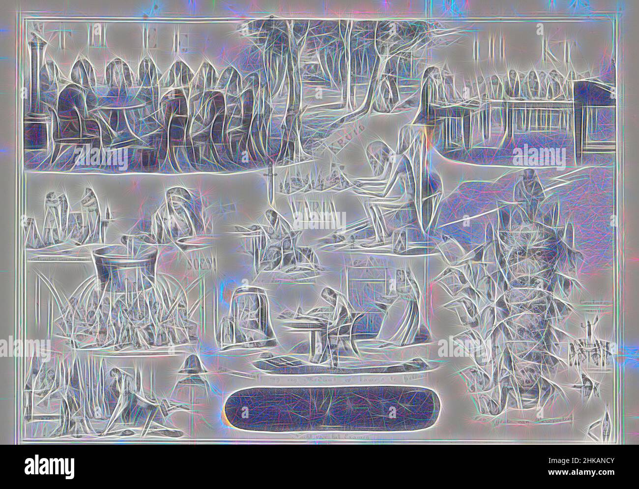 Inspiriert von Cartoon in Leiden Student almanac, 1845, Blatt mit mehreren kleinen Darstellungen über das Leben und die Prüfungen von Studenten. Karikatur im studentischen Almanach der Universität Leiden des Jahres 1845., Druckerei: Alexander Ver Huell, Drucker: Hilmar Johannes Backer, Druckerei: Leiden, Drucker, neu erfunden von Artotop. Klassische Kunst neu erfunden mit einem modernen Twist. Design von warmen fröhlichen Leuchten der Helligkeit und Lichtstrahl Strahlkraft. Fotografie inspiriert von Surrealismus und Futurismus, umarmt dynamische Energie der modernen Technologie, Bewegung, Geschwindigkeit und Kultur zu revolutionieren Stockfoto