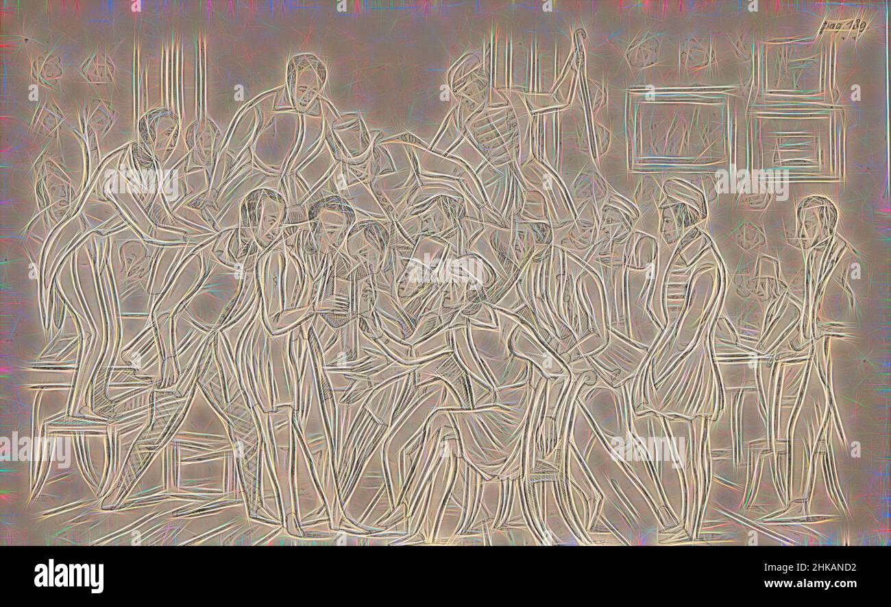 Inspiriert von der Aufnahme des Almanach in der Gesellschaft, 1841, der Aufnahme des Almanacs in der Gesellschaft. Karikatur im Almanach der Universität Leiden des Jahres 1841., Druckerei: Alexander Ver Huell, Drucker: Tiemen Hooiberg, Druckerei: Leiden, Drucker: Niederlande, Verlag: Leiden, Neu gestaltet von Artotop. Klassische Kunst neu erfunden mit einem modernen Twist. Design von warmen fröhlichen Leuchten der Helligkeit und Lichtstrahl Strahlkraft. Fotografie inspiriert von Surrealismus und Futurismus, umarmt dynamische Energie der modernen Technologie, Bewegung, Geschwindigkeit und Kultur zu revolutionieren Stockfoto