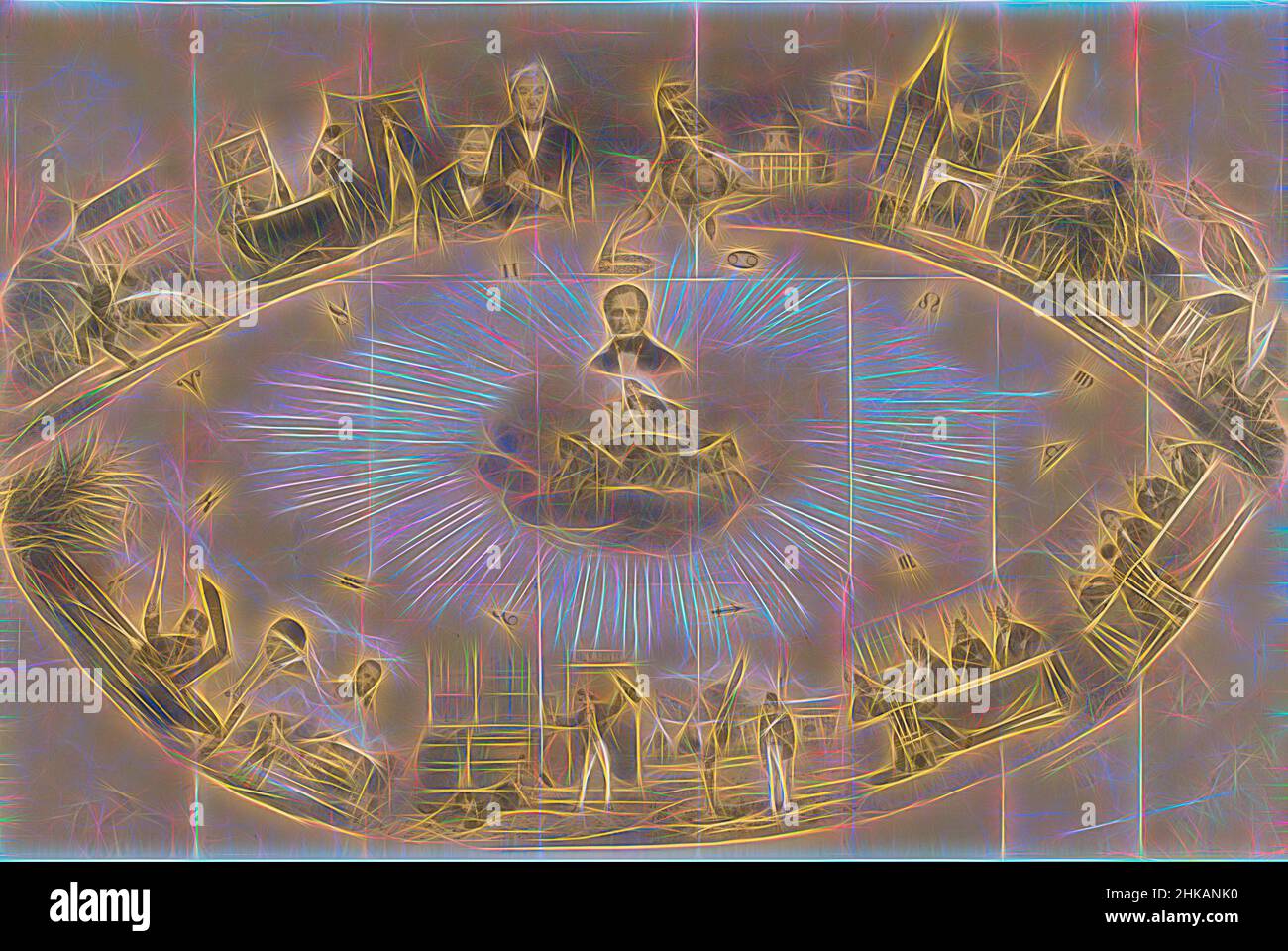 Inspiriert von Cartoon in Leiden Student Almanac, 1859, Blatt mit zwölf Darstellungen des Studentenlebens, die mit den Tierkreiszeichen verbunden sind. Karikatur im studentischen Almanach der Universität Leiden des Jahres 1859., Druckerei: Gerardus Johannes Bos, vermittelter Zeichner: H.J. Hofstede jr, neu erfunden von Artotop. Klassische Kunst neu erfunden mit einem modernen Twist. Design von warmen fröhlichen Leuchten der Helligkeit und Lichtstrahl Strahlkraft. Fotografie inspiriert von Surrealismus und Futurismus, umarmt dynamische Energie der modernen Technologie, Bewegung, Geschwindigkeit und Kultur zu revolutionieren Stockfoto