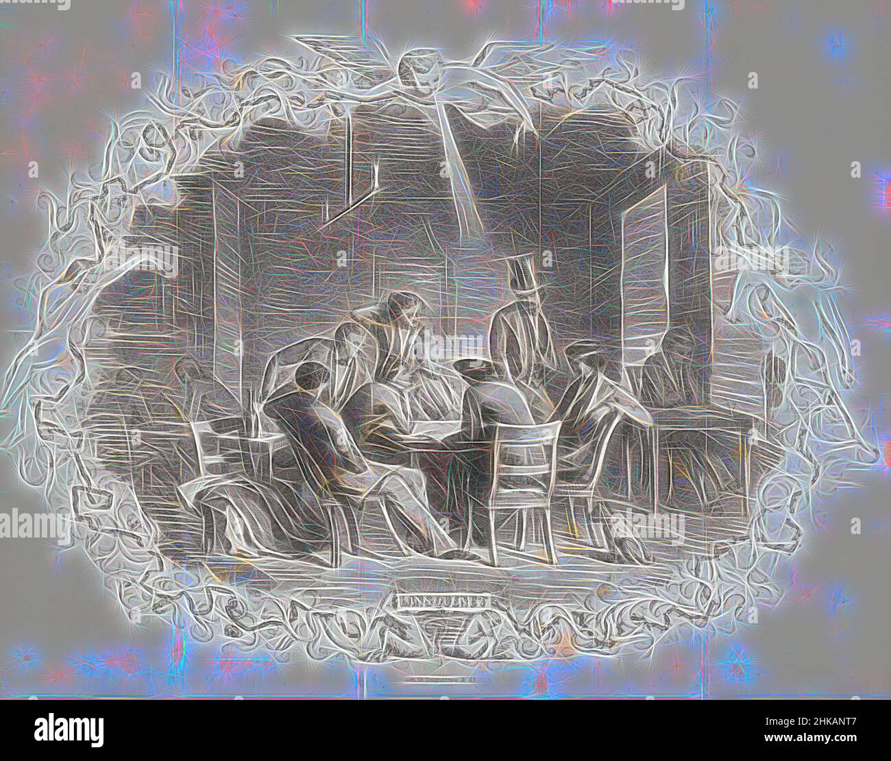 Inspiriert von Cartoon in Amsterdam Student almanac, 1851, Lansquenet, Eine Gruppe von Studenten spielen Lansquenet in der Gesellschaft. Karikatur im studentischen Almanach der Universität Amsterdam des Jahres 1851., Druckerei: Evert Slaghek, Drucker: Desguerrois & Co., Druckerei: Niederlande, Drucker, neu gestaltet von Artotop. Klassische Kunst neu erfunden mit einem modernen Twist. Design von warmen fröhlichen Leuchten der Helligkeit und Lichtstrahl Strahlkraft. Fotografie inspiriert von Surrealismus und Futurismus, umarmt dynamische Energie der modernen Technologie, Bewegung, Geschwindigkeit und Kultur zu revolutionieren Stockfoto
