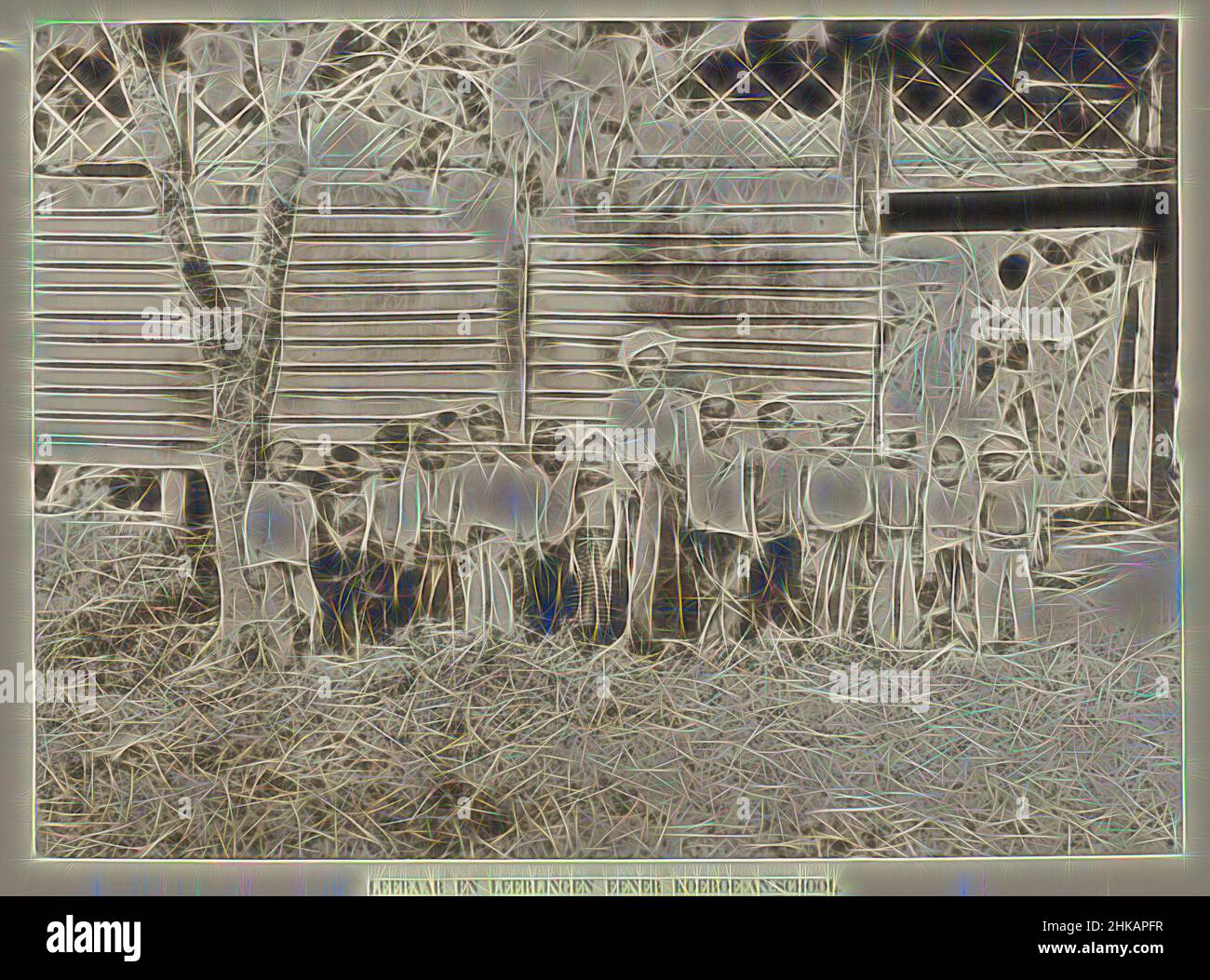 Inspiriert von einem Gruppenportrait von Lehrern und Schülern einer Koranischen Schule in Aceh, Sumatra, Lehrer und Schülern einer Kuru-an Schule, Dr. C. Snouck Hurgronje. Platten, die zum Atjèhers gehören. Herausgegeben im Auftrag der Regierung, Batavia, Leiden 1895, Christiaan Benjamin Nieuwenhuis, Verlag: Boekhandel, Neu gestaltet von Artotop. Klassische Kunst neu erfunden mit einem modernen Twist. Design von warmen fröhlichen Leuchten der Helligkeit und Lichtstrahl Strahlkraft. Fotografie inspiriert von Surrealismus und Futurismus, umarmt dynamische Energie der modernen Technologie, Bewegung, Geschwindigkeit und Kultur zu revolutionieren Stockfoto