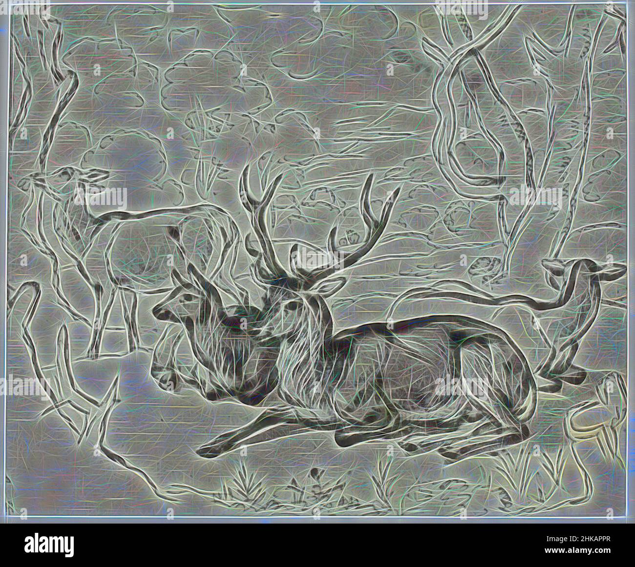 Inspiriert von Ridinger, A Deer, Fotoproduktion der Zeichnung in 'The Reveley Collection of Drawings at Brynygwin', Abb. 21., Philip Henry Delamotte, Thomas Frederick Hardwich, 1855 - 1858, Papier, Albumenprint, Höhe 245 mm × Breite 295 mm, neu gestaltet von Artotop. Klassische Kunst neu erfunden mit einem modernen Twist. Design von warmen fröhlichen Leuchten der Helligkeit und Lichtstrahl Strahlkraft. Fotografie inspiriert von Surrealismus und Futurismus, umarmt dynamische Energie der modernen Technologie, Bewegung, Geschwindigkeit und Kultur zu revolutionieren Stockfoto