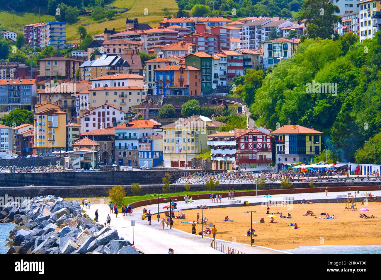 Village Beach, Mutriku Harbour, Altstadt, Mutriku, Guipúzcoa, Baskenland, Spanien, Europa Stockfoto