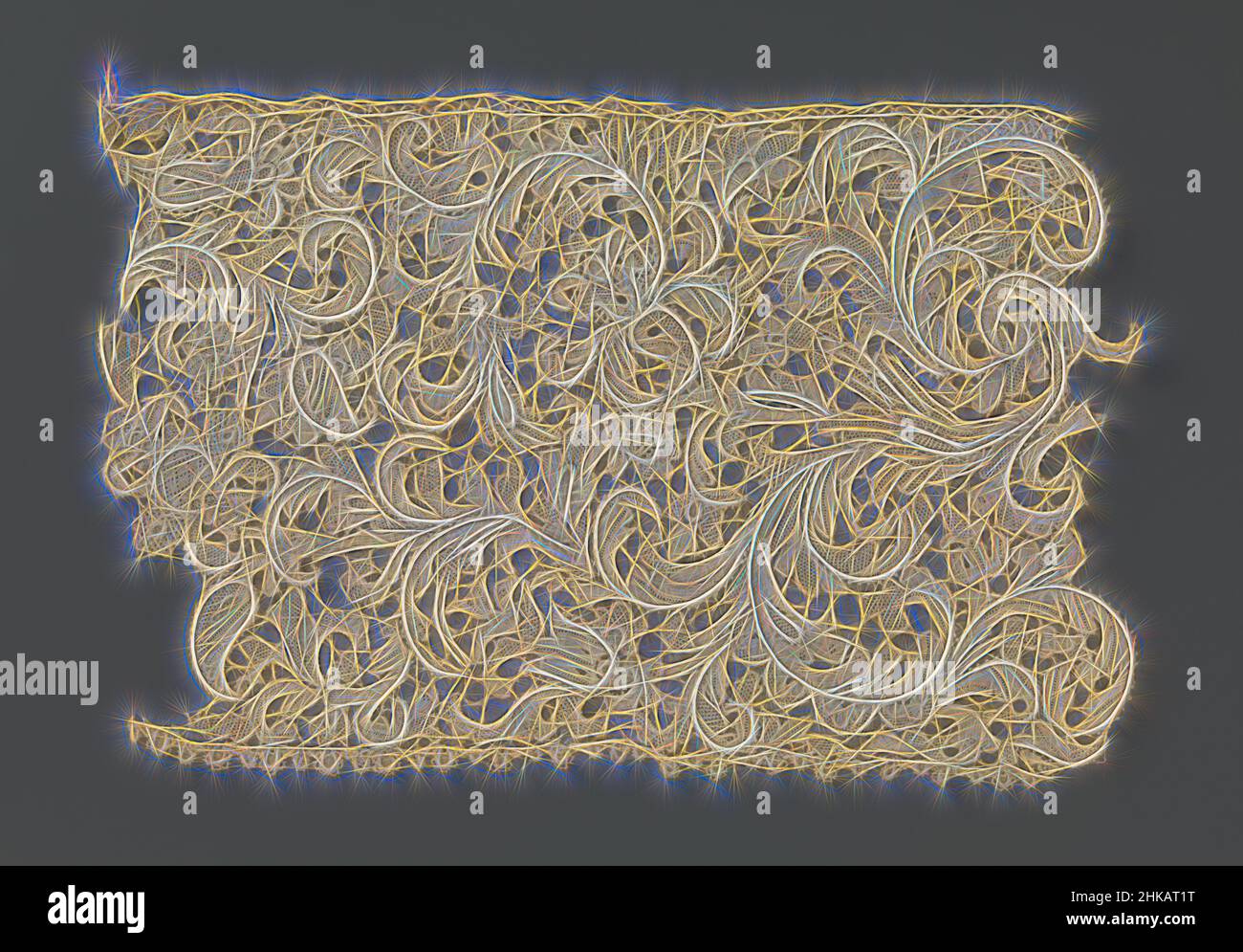 Inspiriert von Nadelspitzen-Streifen mit asymmetrischen Akanthus-Blättern, naturfarbenen Nadelspitzen-Streifen und venezianischer Reliefspitze. Muster mit asymmetrischen Akanthus-Blättern in S- und C-Voluten, die in Palmetto-Blüten enden. Unregelmäßiger Bargrund mit Picots. Die obere Kante ist gerade mit einem, Reimagined by Artotop. Klassische Kunst neu erfunden mit einem modernen Twist. Design von warmen fröhlichen Leuchten der Helligkeit und Lichtstrahl Strahlkraft. Fotografie inspiriert von Surrealismus und Futurismus, umarmt dynamische Energie der modernen Technologie, Bewegung, Geschwindigkeit und Kultur zu revolutionieren Stockfoto