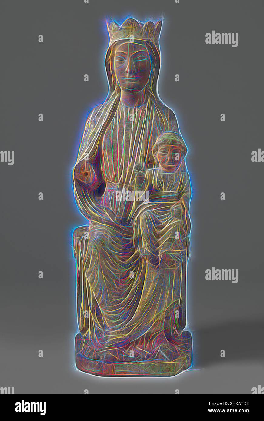 Inspiriert von der Jungfrau und dem Kind, Sedes Sapientiae, sitzt Mary frontal auf einer einfachen, profilierten Bank, auf der ein längliches Kissen liegt. Sie hält das ebenfalls frontal sitzende Kind auf dem linken Knie, stützt es mit der linken Hand und hält den gebeugten rechten Arm nach vorne. Das Kind segnet mit dem, von Artotop neu erfunden. Klassische Kunst neu erfunden mit einem modernen Twist. Design von warmen fröhlichen Leuchten der Helligkeit und Lichtstrahl Strahlkraft. Fotografie inspiriert von Surrealismus und Futurismus, umarmt dynamische Energie der modernen Technologie, Bewegung, Geschwindigkeit und Kultur zu revolutionieren Stockfoto