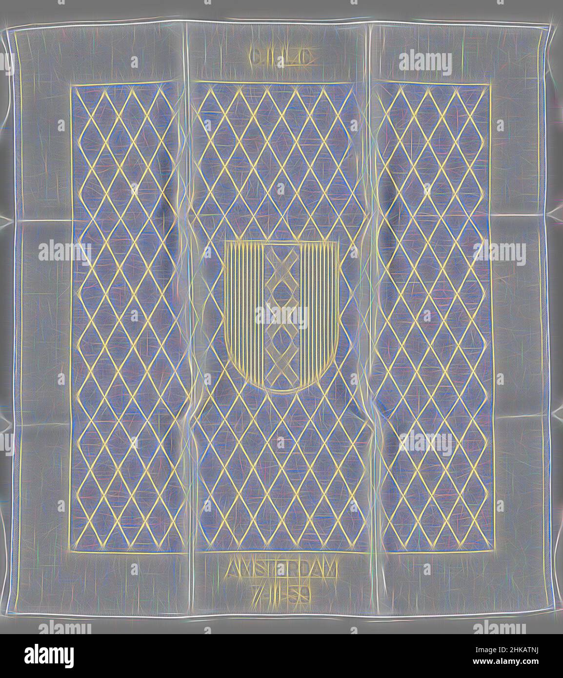 Inspiriert von einem Fingertuch aus hellblauem Leinendamast mit Wappen von Amsterdam, einem Fingertuch aus hellblauem Leinendamast mit Wappen von Amsterdam auf kariertem Boden. In den Säumen der Text C.I.L.C. AMSTERDAM 7-11-59., Hersteller: Van den Briel & Verster, Linnenfabriken Van Dissel, Eindhoven, 1959, Neueinsetzung durch Artotop. Klassische Kunst neu erfunden mit einem modernen Twist. Design von warmen fröhlichen Leuchten der Helligkeit und Lichtstrahl Strahlkraft. Fotografie inspiriert von Surrealismus und Futurismus, umarmt dynamische Energie der modernen Technologie, Bewegung, Geschwindigkeit und Kultur zu revolutionieren Stockfoto