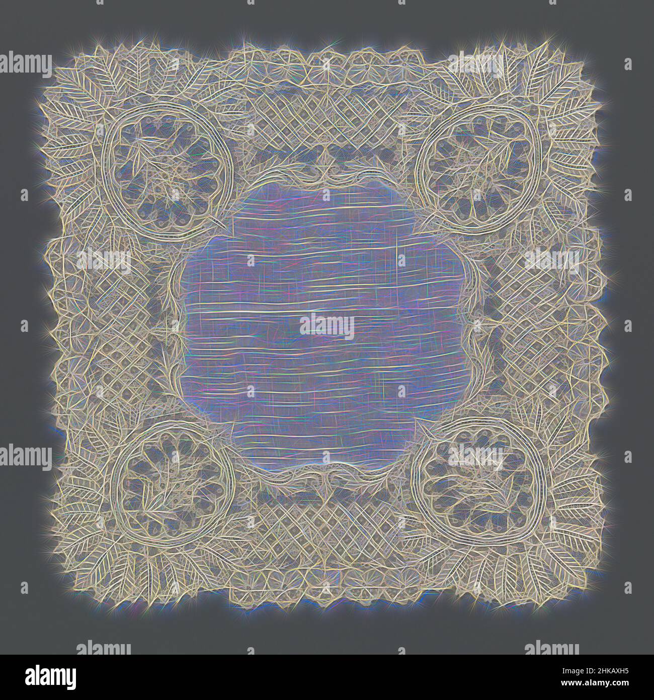 Inspiriert vom Taschentuch mit einem Rand aus Nadelspitze mit Rosensträußen in Medaillons an den Ecken und Veilchen an den Rändern, Taschentuch aus Batist mit einem Rand aus naturfarbener Nadelspitze rundherum: Brüsseler Gaze-Spitze. Quadratisches Modell mit einem achteckigen Mittelstück aus Batist und, von Artotop neu gestaltet. Klassische Kunst neu erfunden mit einem modernen Twist. Design von warmen fröhlichen Leuchten der Helligkeit und Lichtstrahl Strahlkraft. Fotografie inspiriert von Surrealismus und Futurismus, umarmt dynamische Energie der modernen Technologie, Bewegung, Geschwindigkeit und Kultur zu revolutionieren Stockfoto