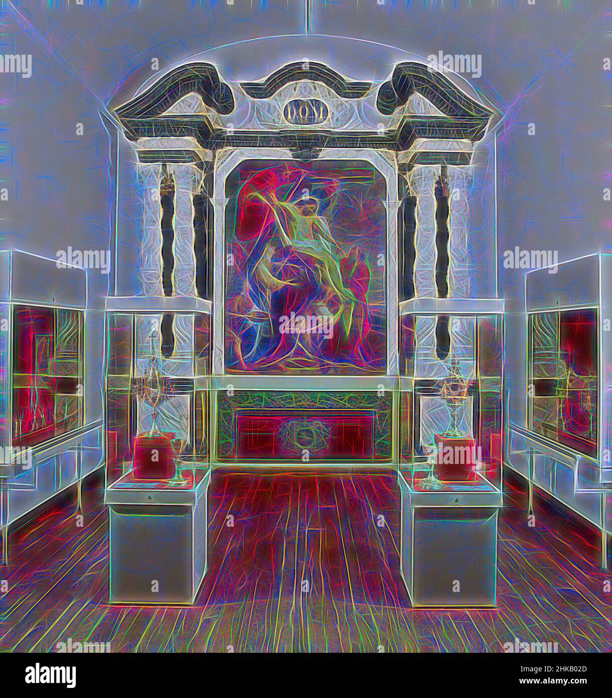 Inspiriert vom Altar der römisch-katholischen Kirche in Rijsbergen, Hauptentablatur eines Eichenaltars mit offenem Mittelfeld, abgesenkten Seitenwänden und einem gebrochenen Giebel als Krone. Der Rahmen des offenen Mittelabschnitts besteht aus zwei Pilastern mit Kandelaber-Ornamenten, die einen Five-, Reimagined by Artotop tragen. Klassische Kunst neu erfunden mit einem modernen Twist. Design von warmen fröhlichen Leuchten der Helligkeit und Lichtstrahl Strahlkraft. Fotografie inspiriert von Surrealismus und Futurismus, umarmt dynamische Energie der modernen Technologie, Bewegung, Geschwindigkeit und Kultur zu revolutionieren Stockfoto