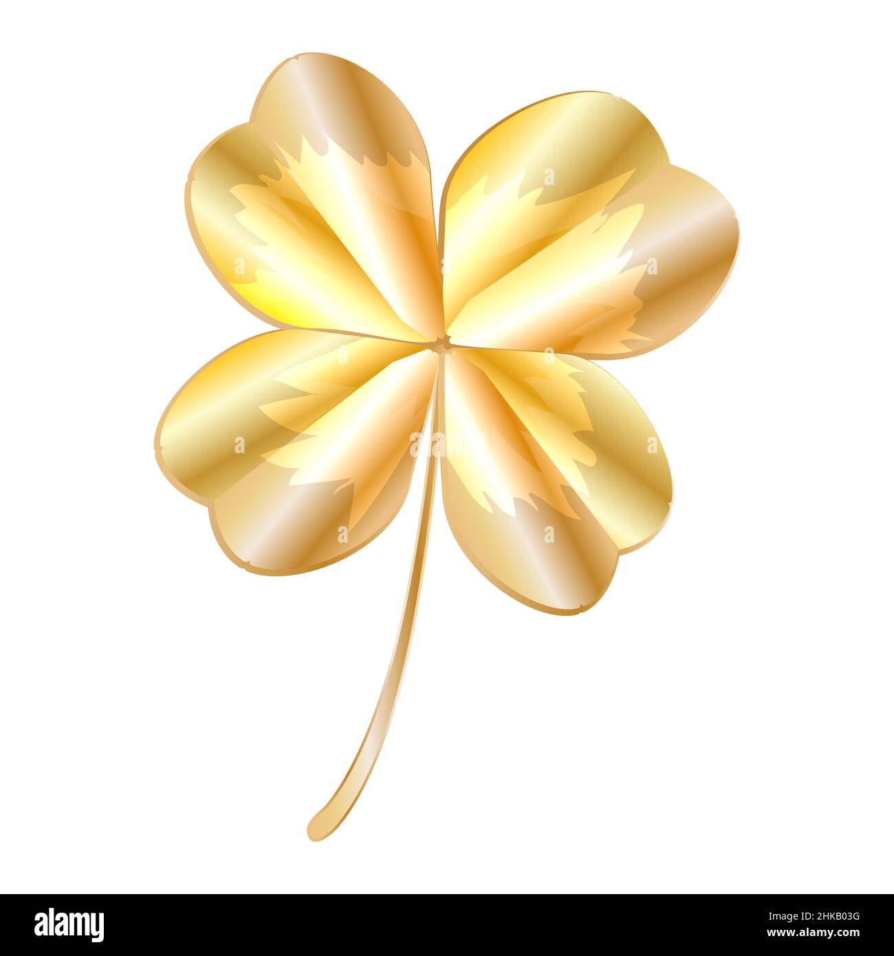 Goldenes Kleeblatt isoliert auf weißem Hintergrund. Dekorativer goldener, glücklicher Kleeblatt mit vier Blättern. Goldschamrock Symbol.Heilige Patricks Tag Symbol oder Zeichen.Vektor Stock Vektor
