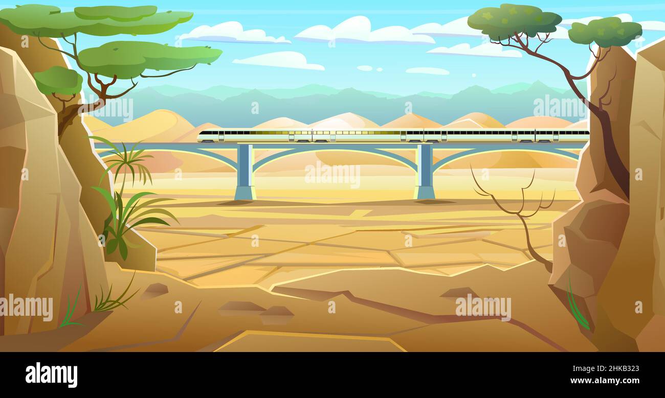 Der Zug fährt über die Brücke. Wüstensand. Landschaft der südlichen Landschaft. Dürre hat Wüstenland geknackt. Cooler Cartoon-Style. Vektor. Stock Vektor