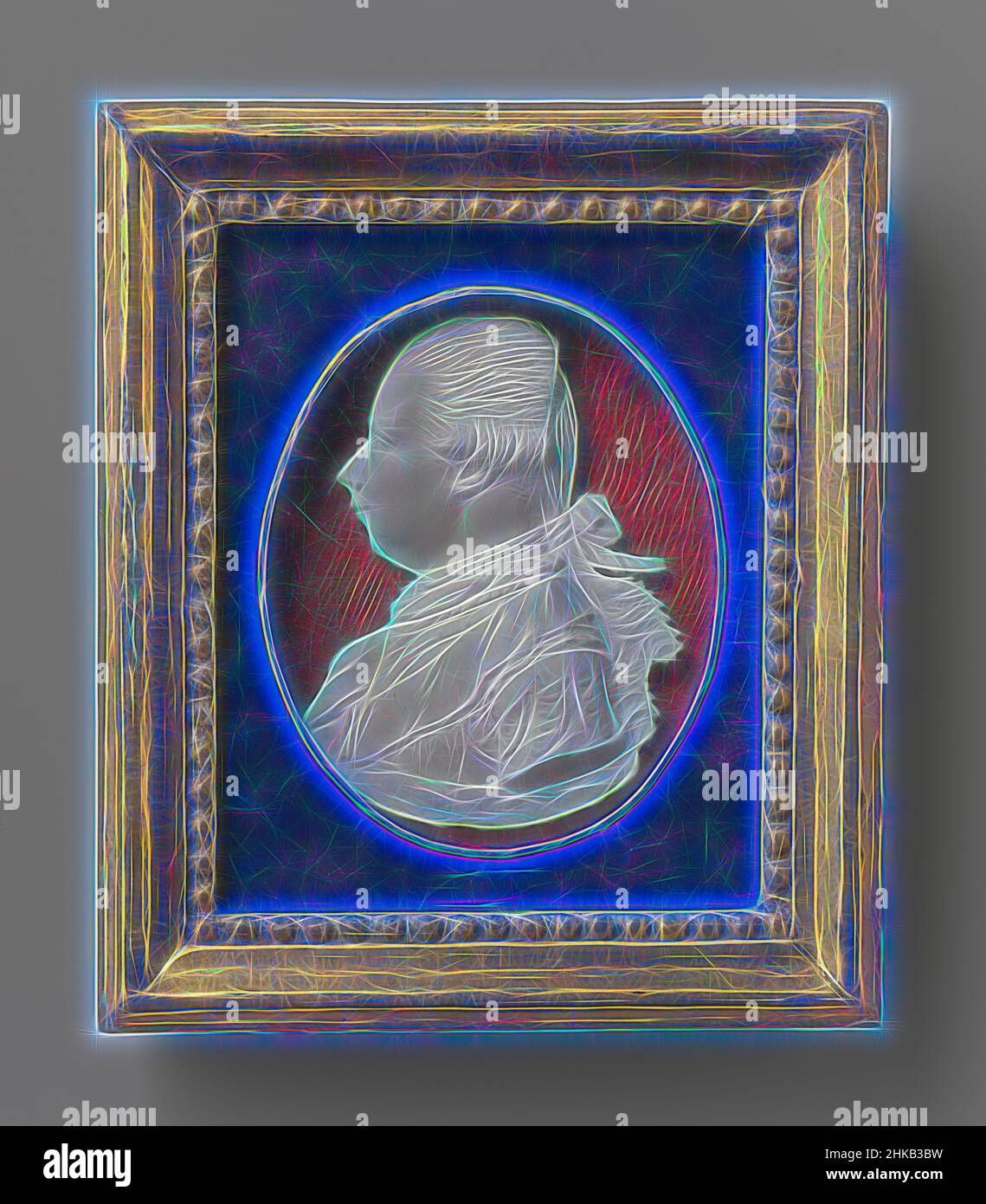 Inspiriert von dem Portrait-Medaillon von Prinz William V. trägt der Prinz links die Schwanzperücke, eine Rüstung mit Innenfutter, ein Hemd, dessen Kragen noch sichtbar ist, einen Bergumhang und ein Orderband, das größtenteils ein Orderzeichen bedeckt. Unter dem Schnitt des Armes, von Artotop neu erfunden. Klassische Kunst neu erfunden mit einem modernen Twist. Design von warmen fröhlichen Leuchten der Helligkeit und Lichtstrahl Strahlkraft. Fotografie inspiriert von Surrealismus und Futurismus, umarmt dynamische Energie der modernen Technologie, Bewegung, Geschwindigkeit und Kultur zu revolutionieren Stockfoto