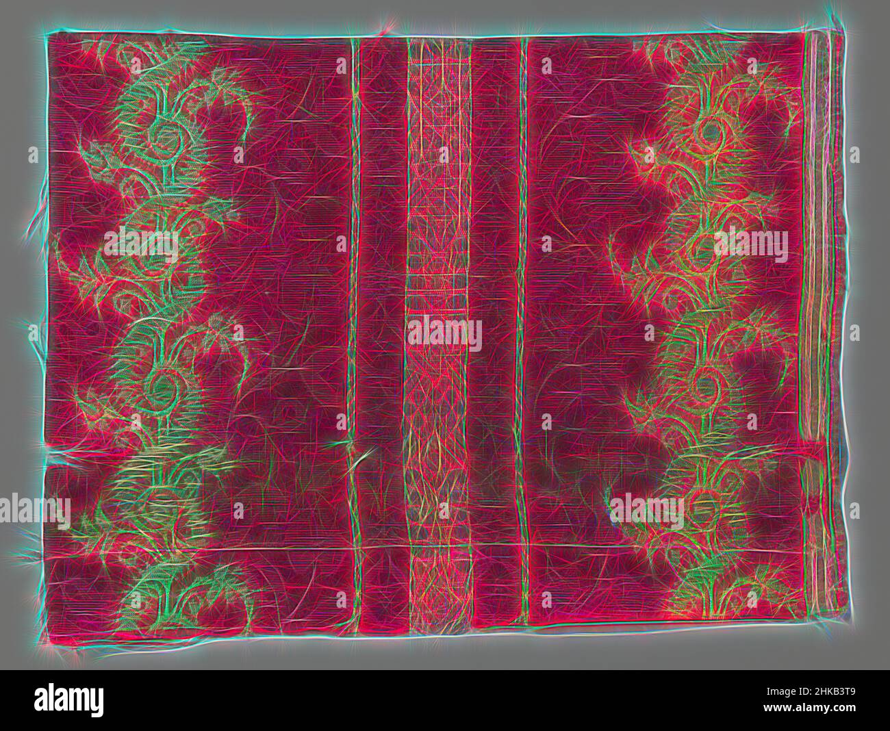 Inspiriert von Fragment aus roter Seide mit Blumenmuster in Silberfaden, Fragment einer Seidenwebung; liebend aus rotem Satin mit Rippen-Rillen, auf denen aus verschachteltem Silber, senkrechten Streifen, Passion imitierend und mit umgekehrten S-förmigen Locken, die Linien umschließen., Niederlande, c. 1600 - c. 1699, Seide, neu erfunden von Artotop. Klassische Kunst neu erfunden mit einem modernen Twist. Design von warmen fröhlichen Leuchten der Helligkeit und Lichtstrahl Strahlkraft. Fotografie inspiriert von Surrealismus und Futurismus, umarmt dynamische Energie der modernen Technologie, Bewegung, Geschwindigkeit und Kultur zu revolutionieren Stockfoto