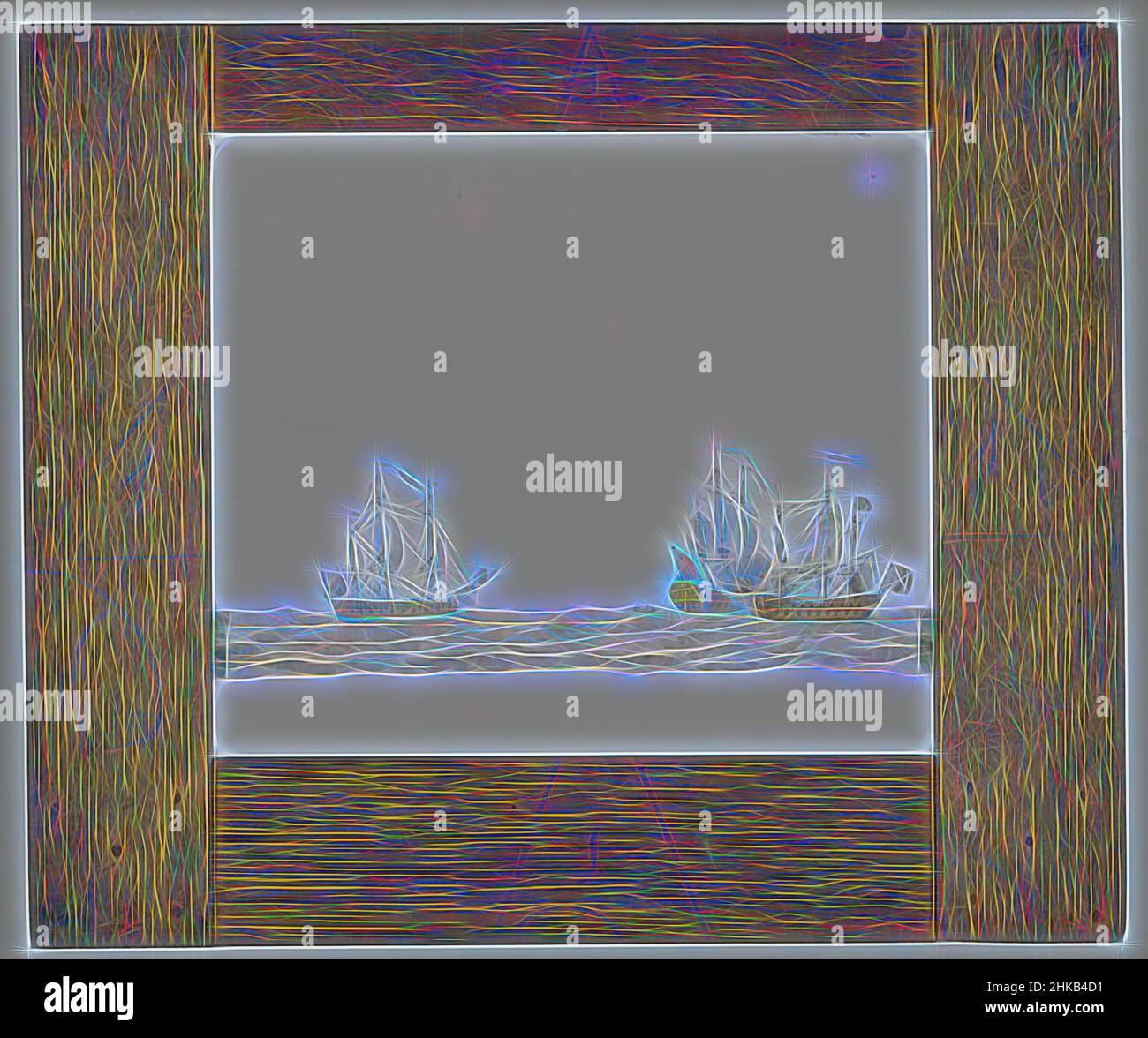 Inspiriert von Diaphanorama einer Seeschlacht, zweiseitigem Diaphanorama einer Seeschlacht, drei Segelschiffen, von denen zwei in eine Schlacht verwickelt waren. Das Mittelschiff fliegt eine rote Heckflagge mit weißen gekreuzten Säbeln, die Schiffe links und rechts fliegen eine blau-graue Flagge mit einem weißen andreas-Kreuz, von Artotop neu erfunden. Klassische Kunst neu erfunden mit einem modernen Twist. Design von warmen fröhlichen Leuchten der Helligkeit und Lichtstrahl Strahlkraft. Fotografie inspiriert von Surrealismus und Futurismus, umarmt dynamische Energie der modernen Technologie, Bewegung, Geschwindigkeit und Kultur zu revolutionieren Stockfoto