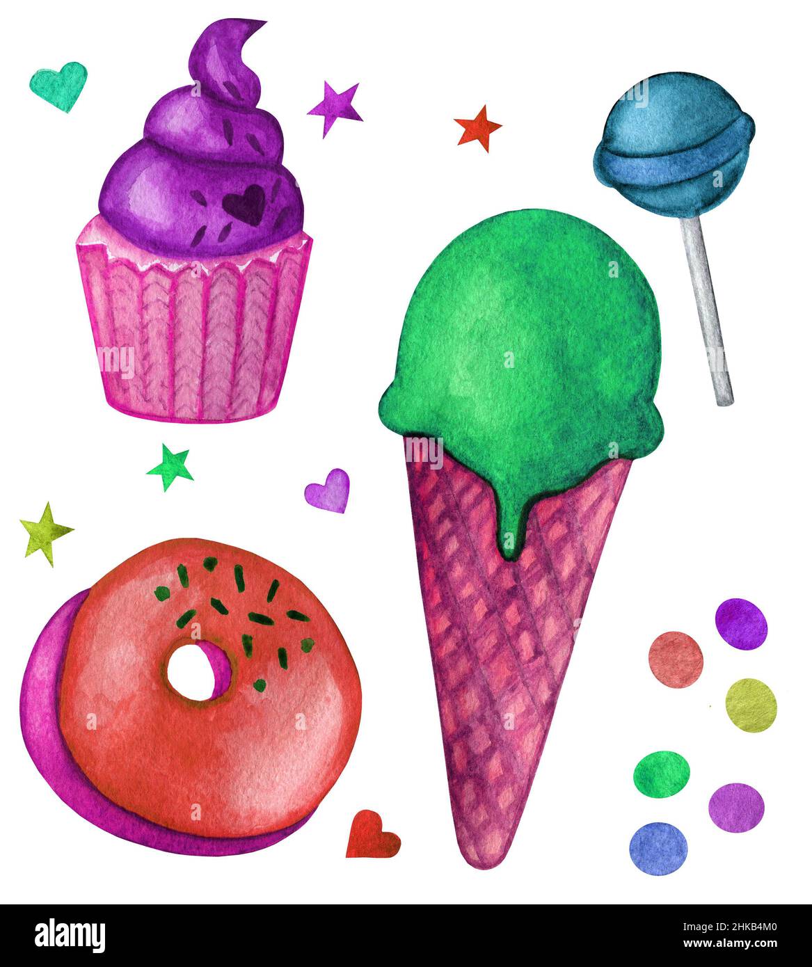 Clipart - Lollipop Eis Cupcake Kerze Stern. Aquarell Lebensmittel Illustration isoliert auf weiß. Design für Grußkarte, Stoff, Textil, Tapete, Menü, Verpackung, Druck, Verpackung, Babyzimmer. Stockfoto