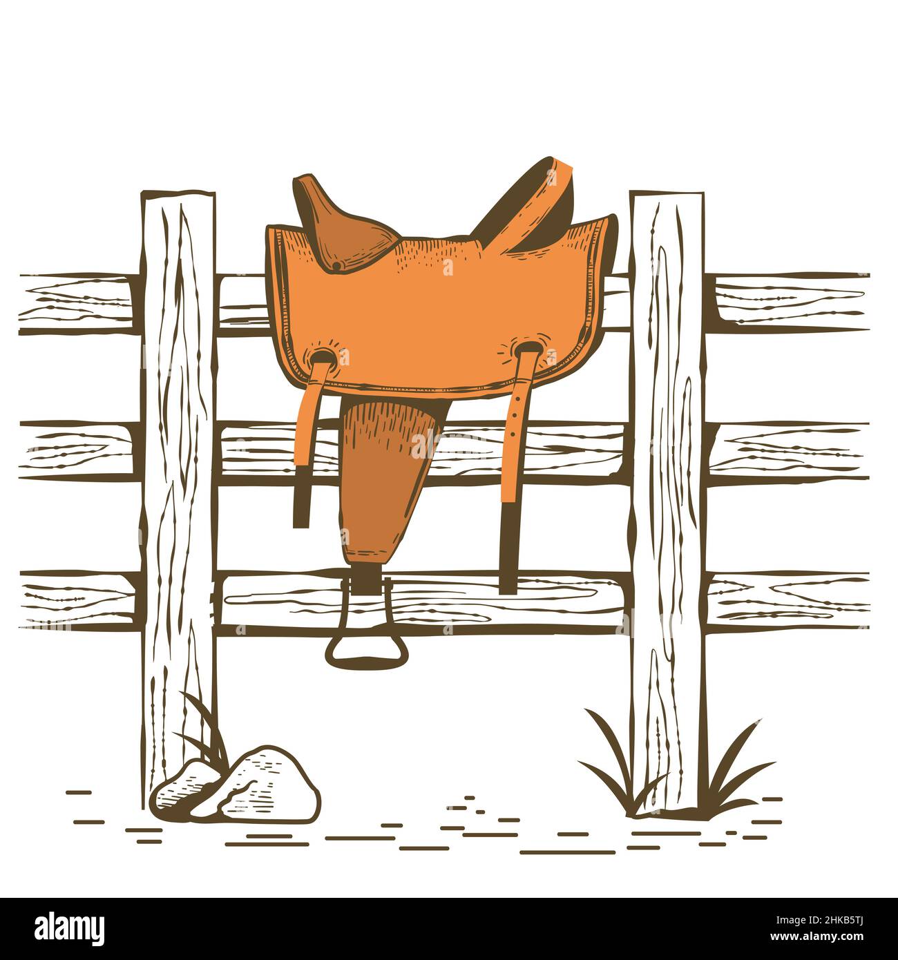 Amerikanische Cowboy-Ranch mit Pferdesattel auf Holzzaun. Vintage Westerrn Symbol handgezeichnet farbige Illustration isoliert auf weiß. Stock Vektor