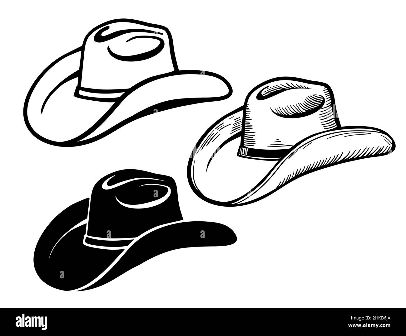 Cowboyhut. Set von traditionellen amerikanischen Westerhüten isoliert auf weiß Stock Vektor