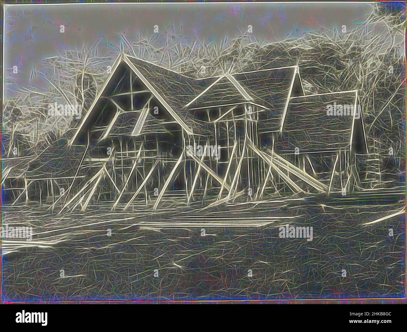 Inspiriert von Villa im Bau, Eine Villa mit Reetdach im Bau, wahrscheinlich in Medan. Foto im Fotoalbum des niederländischen Architektur- und Bauunternehmens Bennink und Riphagen in Medan in den Jahren ca. 1914-1919., Medan, 1914 - 1919, Silbergelatinedruck, Höhe 147 mm × Breite, neu gestaltet von Artotop. Klassische Kunst neu erfunden mit einem modernen Twist. Design von warmen fröhlichen Leuchten der Helligkeit und Lichtstrahl Strahlkraft. Fotografie inspiriert von Surrealismus und Futurismus, umarmt dynamische Energie der modernen Technologie, Bewegung, Geschwindigkeit und Kultur zu revolutionieren Stockfoto