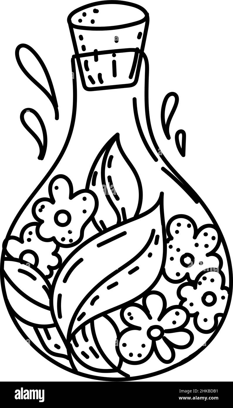 Flasche, handgezeichnetes Element im Doodle-Stil. Flasche mit ausgefallenen Blumen und Blättern. Schwarze Muster. Monogame Illustration in flacher Ausführung. Stock Vektor