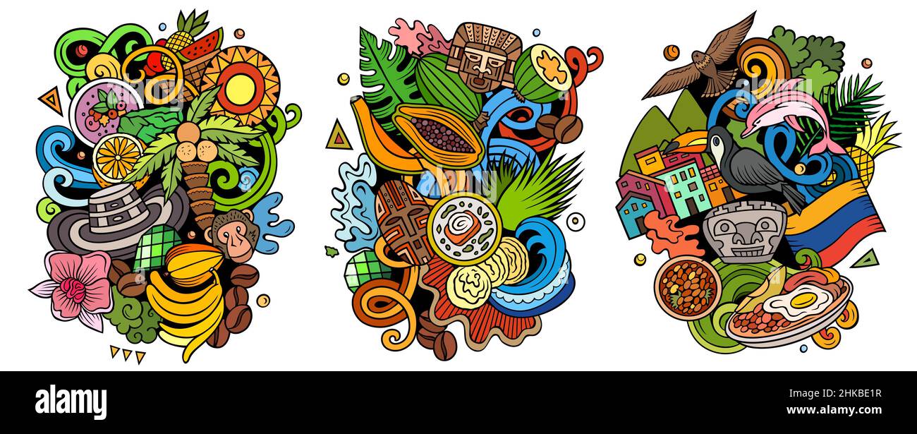 Kolumbien Cartoon Vektor Doodle Designs Set. Farbenfrohe, detailreiche Kompositionen mit vielen traditionellen Symbolen. Isoliert auf weißen Abbildungen Stock Vektor