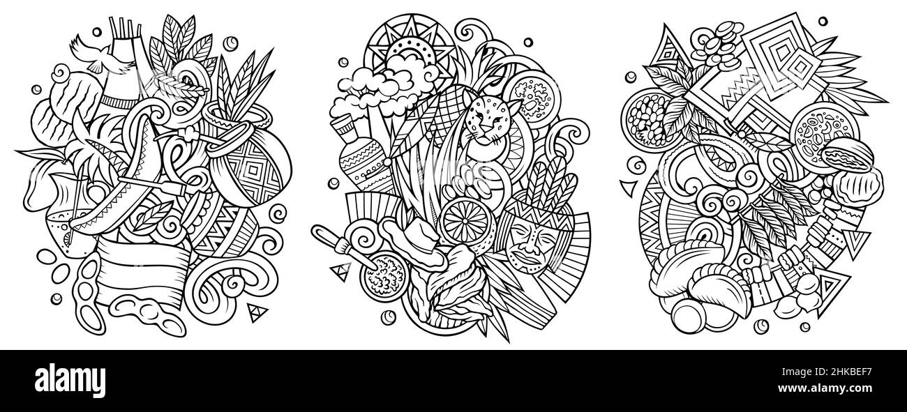 Paraguay Cartoon Vektor Doodle Designs Set. Skizzenhafte, detailreiche Kompositionen mit vielen traditionellen Symbolen. Isoliert auf weißen Abbildungen Stock Vektor