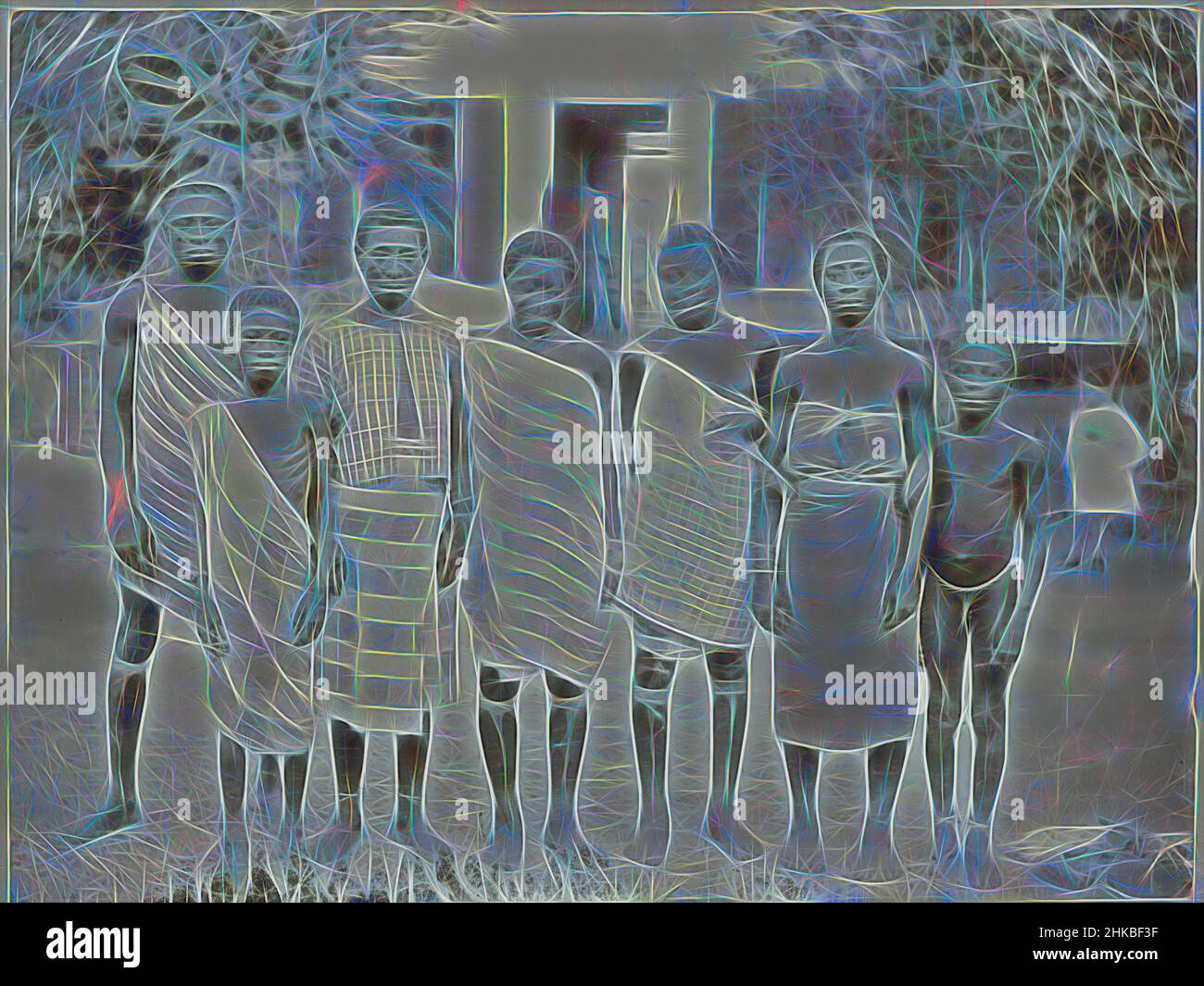 Inspiriert von Maroons, Boschnegers, Gruppenfoto von sieben Maroons, wahrscheinlich in Paramaribo. Teil des Fotoalbums Souvenir de Voyage (Band 3), über das Leben der Familie Dooyer in und um die Plantage Ma Retraite in Suriname in den Jahren 1906-1913., Julius Muller, Suriname, 1885 - 1895, Höhe, Neu gestaltet von Artotop. Klassische Kunst neu erfunden mit einem modernen Twist. Design von warmen fröhlichen Leuchten der Helligkeit und Lichtstrahl Strahlkraft. Fotografie inspiriert von Surrealismus und Futurismus, umarmt dynamische Energie der modernen Technologie, Bewegung, Geschwindigkeit und Kultur zu revolutionieren Stockfoto