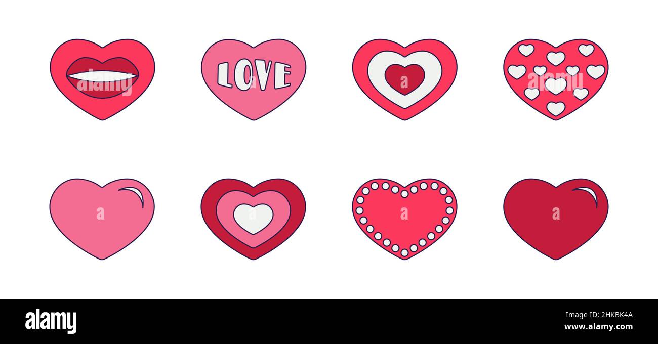 Retro Valentinstag Set von Symbolen Herz. Love-Symbole im modischen Pop-Line-Art-Stil. Die Figur verschiedener Herzen in sanftem Pink, Rot und Korallen Stock Vektor