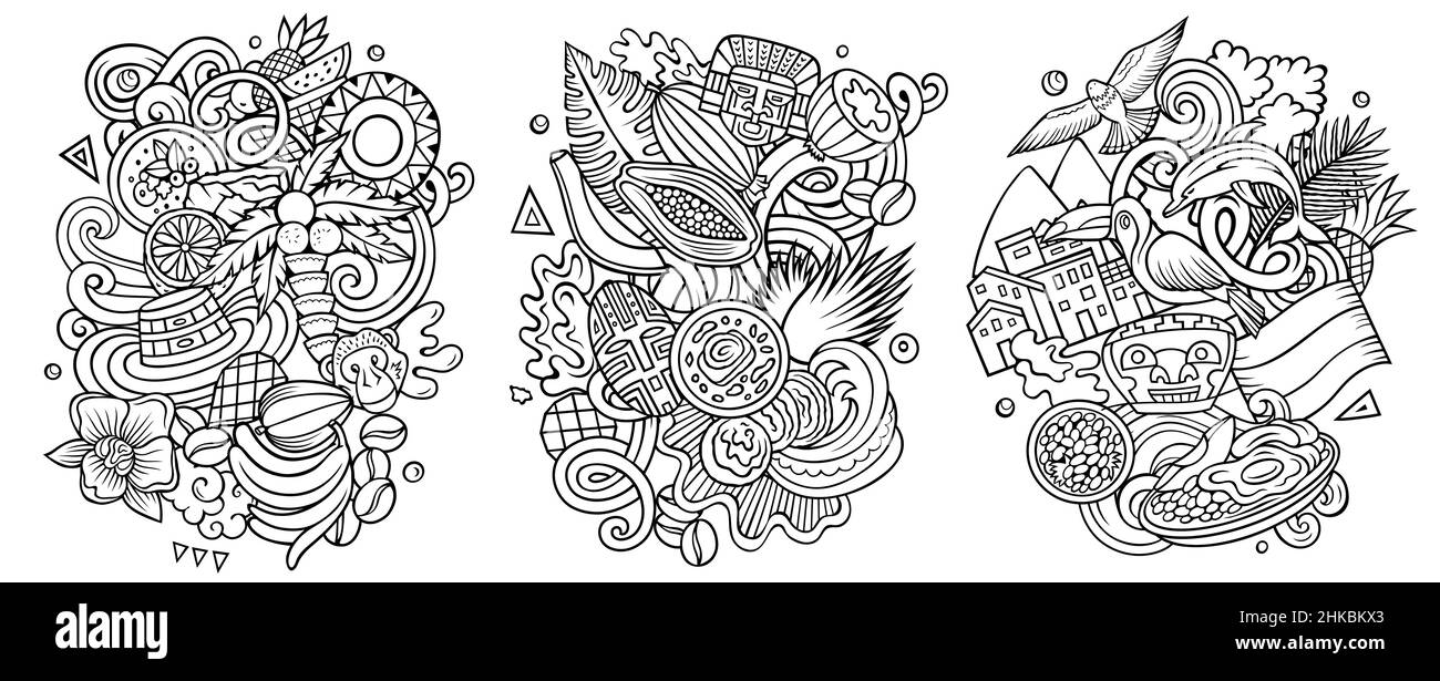 Kolumbien Cartoon Vektor Doodle Designs Set. Skizzenhafte, detailreiche Kompositionen mit vielen traditionellen Symbolen. Isoliert auf weißen Abbildungen Stock Vektor