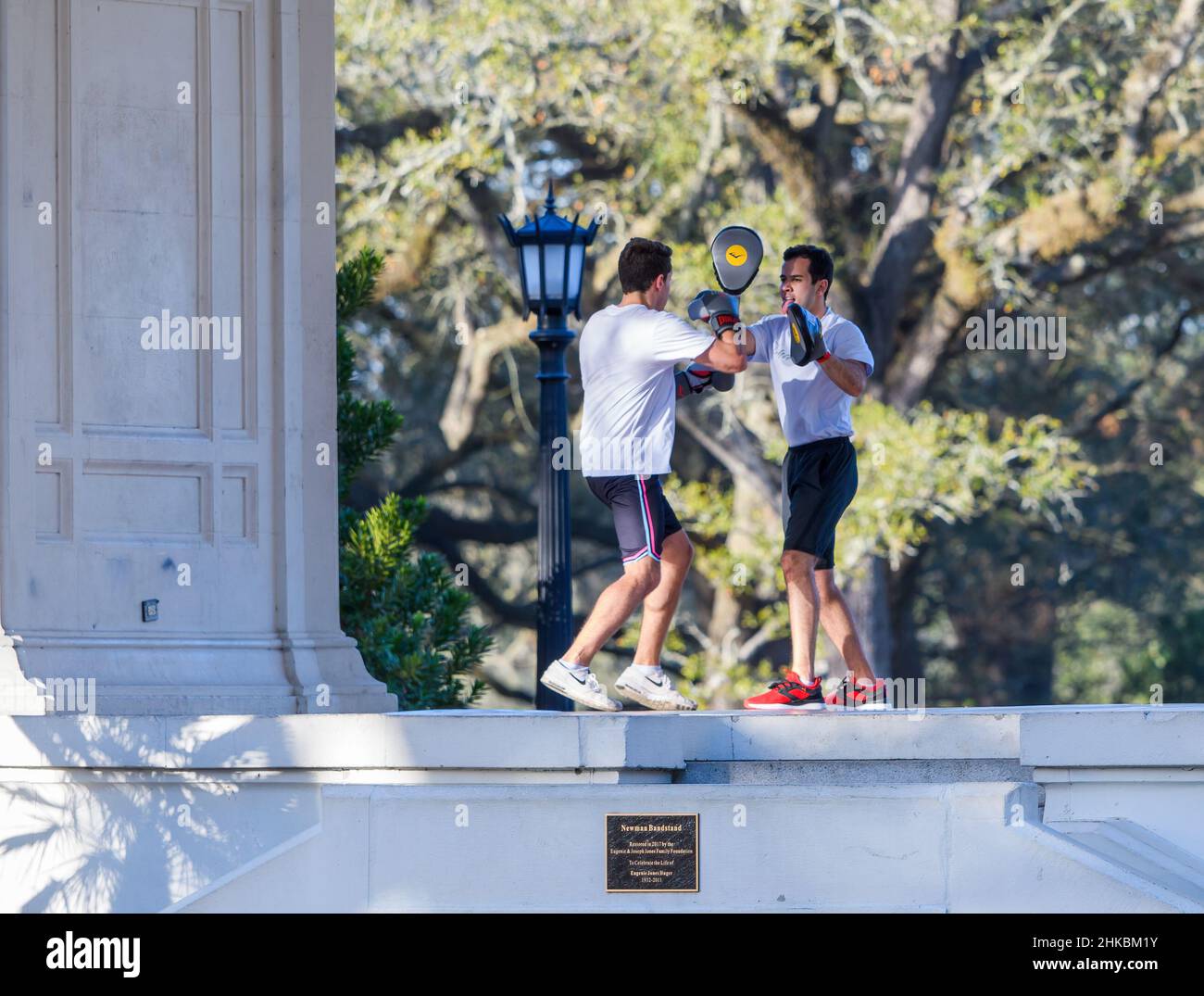 NEW ORLEANS, LA, USA - 31. JANUAR 2021: Zwei Boxer trainieren in Newman Bandstand im Audubon Park Stockfoto