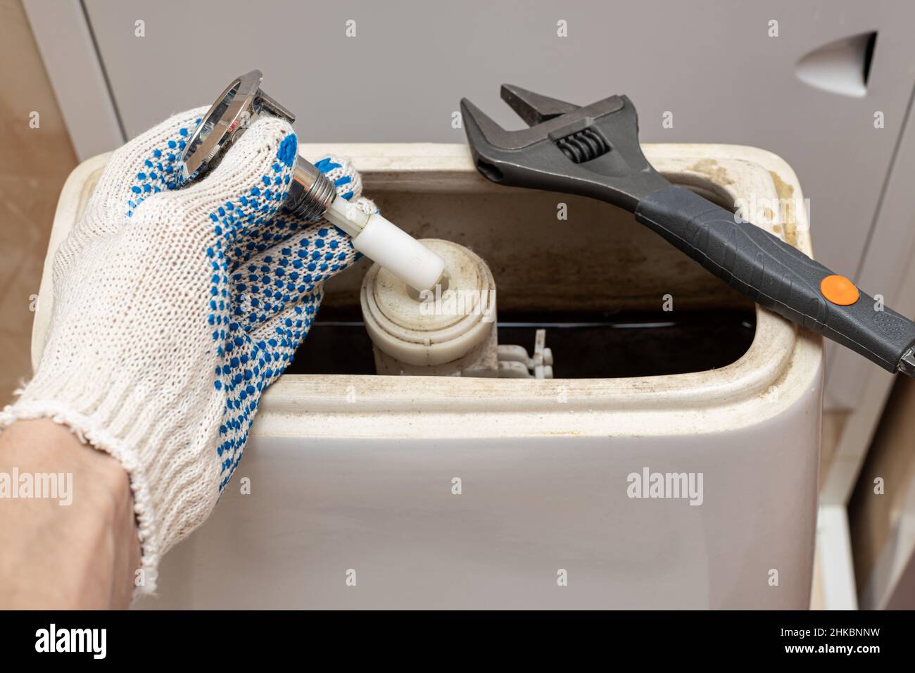 Handzerlegung des Spülmechanismus des Toilettentanks Stockfoto