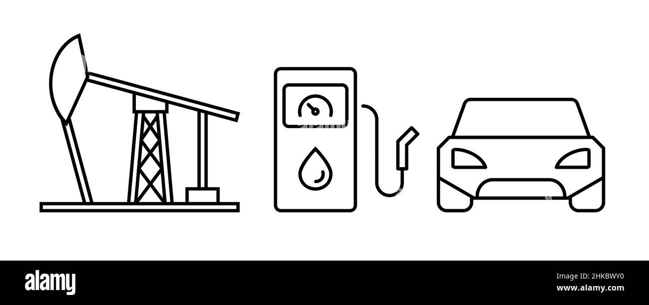 Ölstand, Gaspumpe und ein Symbol für die Fahrzeugleitung. Fossill Energiekonzept. Luftverschmutzung. Treibhausgasemissionen. Globale Erwärmung. Klimawandel. Vektor Stock Vektor
