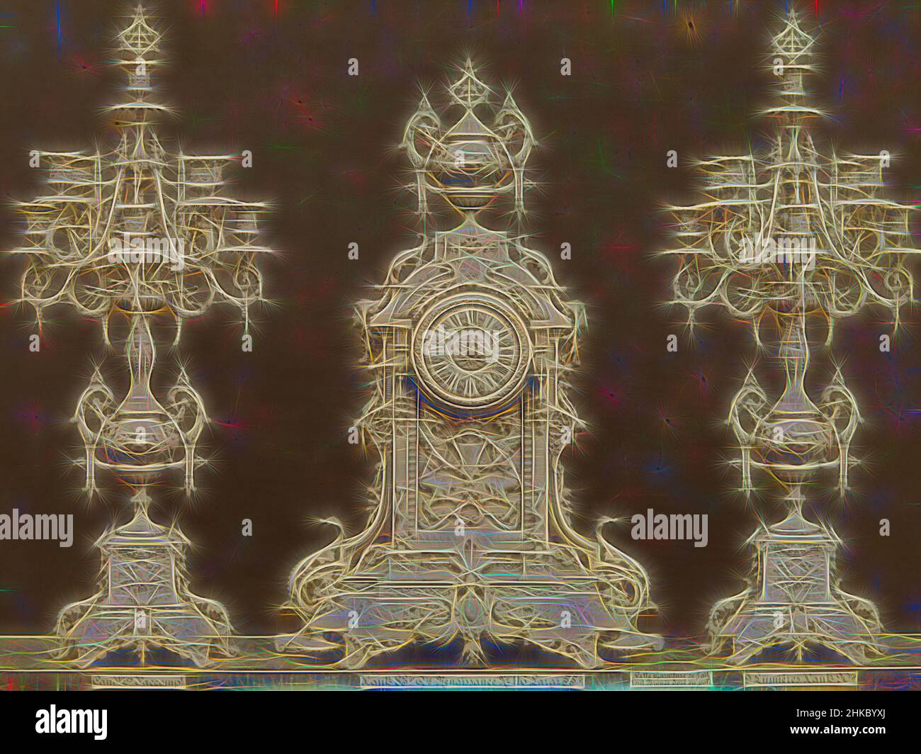 Inspiriert von Tischuhr mit zwei Kerzenständern, verziert mit Löwenarbeiten, Dekorationen Renaissance, Europa, c.. 1875 - c. 1900, Albumendruck, Höhe 242 mm × Breite 336 mm, neu gestaltet von Artotop. Klassische Kunst neu erfunden mit einem modernen Twist. Design von warmen fröhlichen Leuchten der Helligkeit und Lichtstrahl Strahlkraft. Fotografie inspiriert von Surrealismus und Futurismus, umarmt dynamische Energie der modernen Technologie, Bewegung, Geschwindigkeit und Kultur zu revolutionieren Stockfoto Inspiriert von Tischuhr mit zwei Kerzenständern, verziert mit Löwenarbeiten, Dekorationen Renaissance, Europa, c.. 1875 - c. 1900, Albumendruck, Höhe 242 mm × Breite 336 mm, neu gestaltet von Artotop. Klassische Kunst neu erfunden mit einem modernen Twist. Design von warmen fröhlichen Leuchten der Helligkeit und Lichtstrahl Strahlkraft. Fotografie inspiriert von Surrealismus und Futurismus, umarmt dynamische Energie der modernen Technologie, Bewegung, Geschwindigkeit und Kultur zu revolutionieren Stockfoto