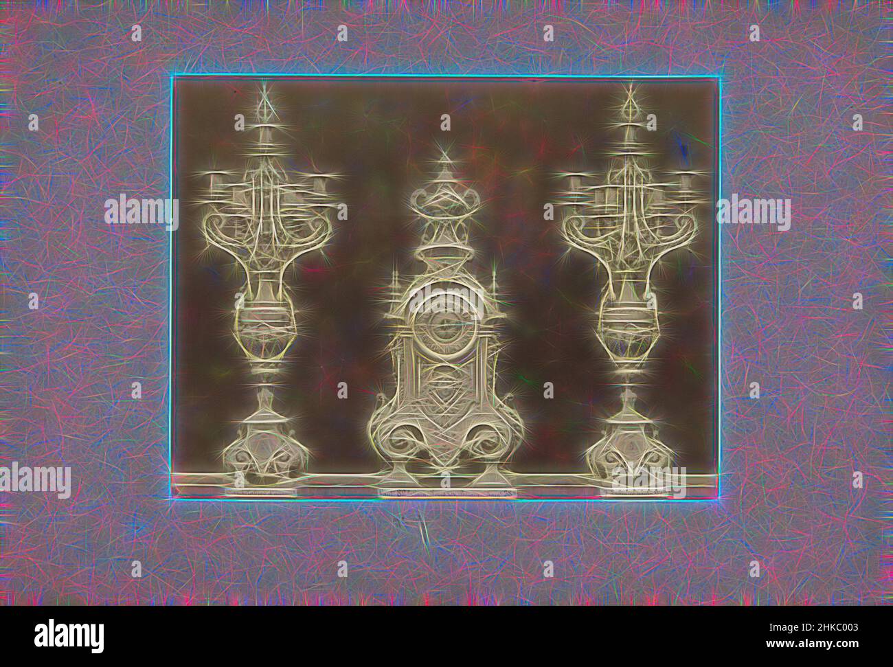 Inspiriert von Tischuhr mit zwei Kerzenleuchtern, verziert mit Maskenköpfen, Garn. Louis XIV Bérain, Europa, c. 1875 - c. 1900, Albumendruck, Höhe 199 mm × Breite 257 mm, neu gestaltet von Artotop. Klassische Kunst neu erfunden mit einem modernen Twist. Design von warmen fröhlichen Leuchten der Helligkeit und Lichtstrahl Strahlkraft. Fotografie inspiriert von Surrealismus und Futurismus, umarmt dynamische Energie der modernen Technologie, Bewegung, Geschwindigkeit und Kultur zu revolutionieren Stockfoto Inspiriert von Tischuhr mit zwei Kerzenleuchtern, verziert mit Maskenköpfen, Garn. Louis XIV Bérain, Europa, c. 1875 - c. 1900, Albumendruck, Höhe 199 mm × Breite 257 mm, neu gestaltet von Artotop. Klassische Kunst neu erfunden mit einem modernen Twist. Design von warmen fröhlichen Leuchten der Helligkeit und Lichtstrahl Strahlkraft. Fotografie inspiriert von Surrealismus und Futurismus, umarmt dynamische Energie der modernen Technologie, Bewegung, Geschwindigkeit und Kultur zu revolutionieren Stockfoto