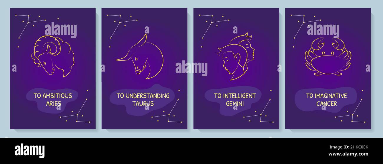 Astrologische Schilder-Postkarte mit linearem Glyphen-Icon-Set Stock Vektor