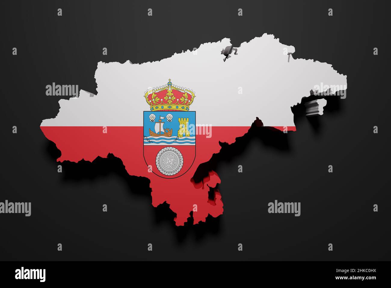 3D Darstellung einer Flagge der spanischen Gemeinschaft Kantabrien und einer Karte auf schwarzem Hintergrund Stockfoto