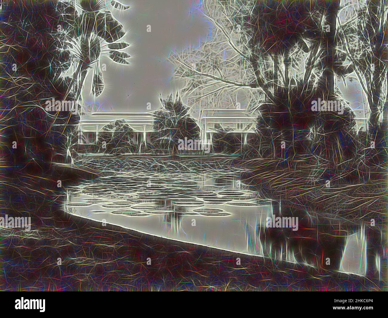 Inspiriert vom Victoria Regia Teich mit dem Gouverneurspalast im Botanischen Garten um Buitenzorg52 Uhr. Buitenzorg: botanischer Garten mit Gouverneurspalast, der Victoria Regia Teich mit dem Gouverneurspalast im Botanischen Garten bei Buitenzorg (Bogor), Niederländisch-Indien, Buitenzorg, c. 1895 - c, neu erfunden von Artotop. Klassische Kunst neu erfunden mit einem modernen Twist. Design von warmen fröhlichen Leuchten der Helligkeit und Lichtstrahl Strahlkraft. Fotografie inspiriert von Surrealismus und Futurismus, umarmt dynamische Energie der modernen Technologie, Bewegung, Geschwindigkeit und Kultur zu revolutionieren Stockfoto