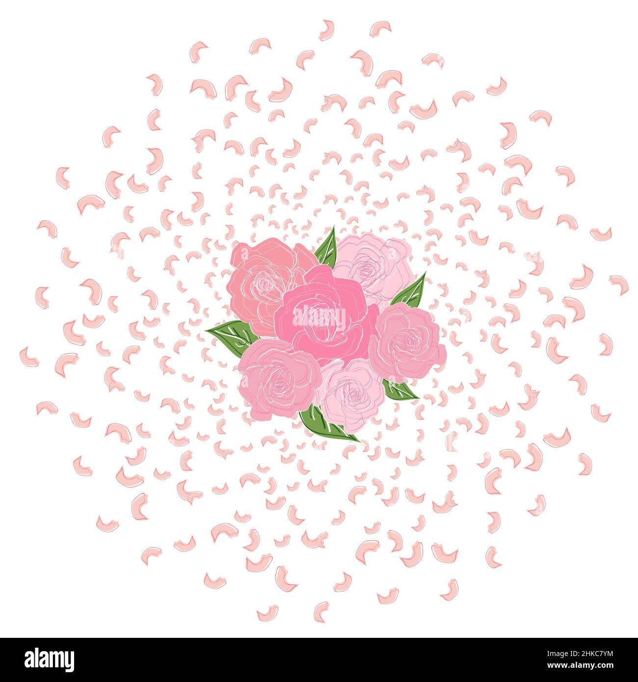 Fliegen aus dem Kreis der Rosenblätter, Sakura, Kirsche, Aprikosen, Apfelbäume mit einem Strauß Rosen in der Mitte. Wirbelwind, Hochzeit Hintergrund, lov Stock Vektor