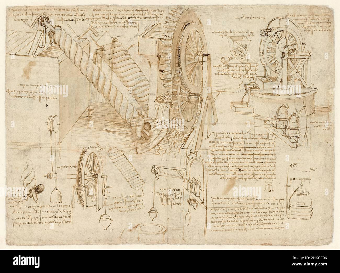 Zeichnungen von Wasserrädern und archimedischen Schrauben, die von Leonardo da Vinci (1452-1519) zur Bewässerung verwendet wurden, enthalten im Codex Atlanticus einen gebundenen Satz von über 1000 Seiten aus den Jahren 1478 bis 1519. Stockfoto