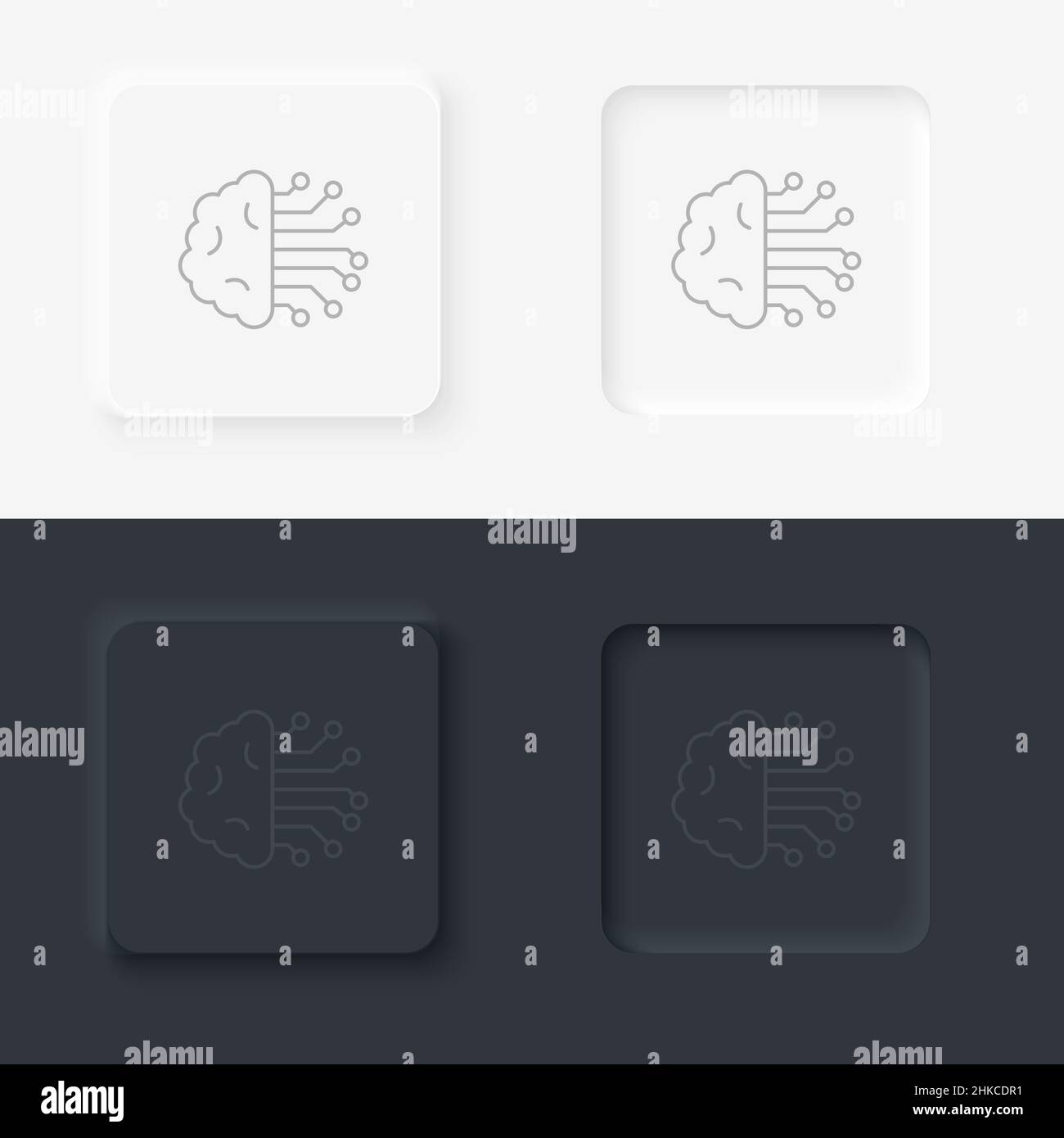 Intelligenz neumorphische Stil Vektor-Symbol, Gehirn-Symbol - Vektor. Artificial Intelligence neumorphic style Vektor-Icon-Set Stock Vektor